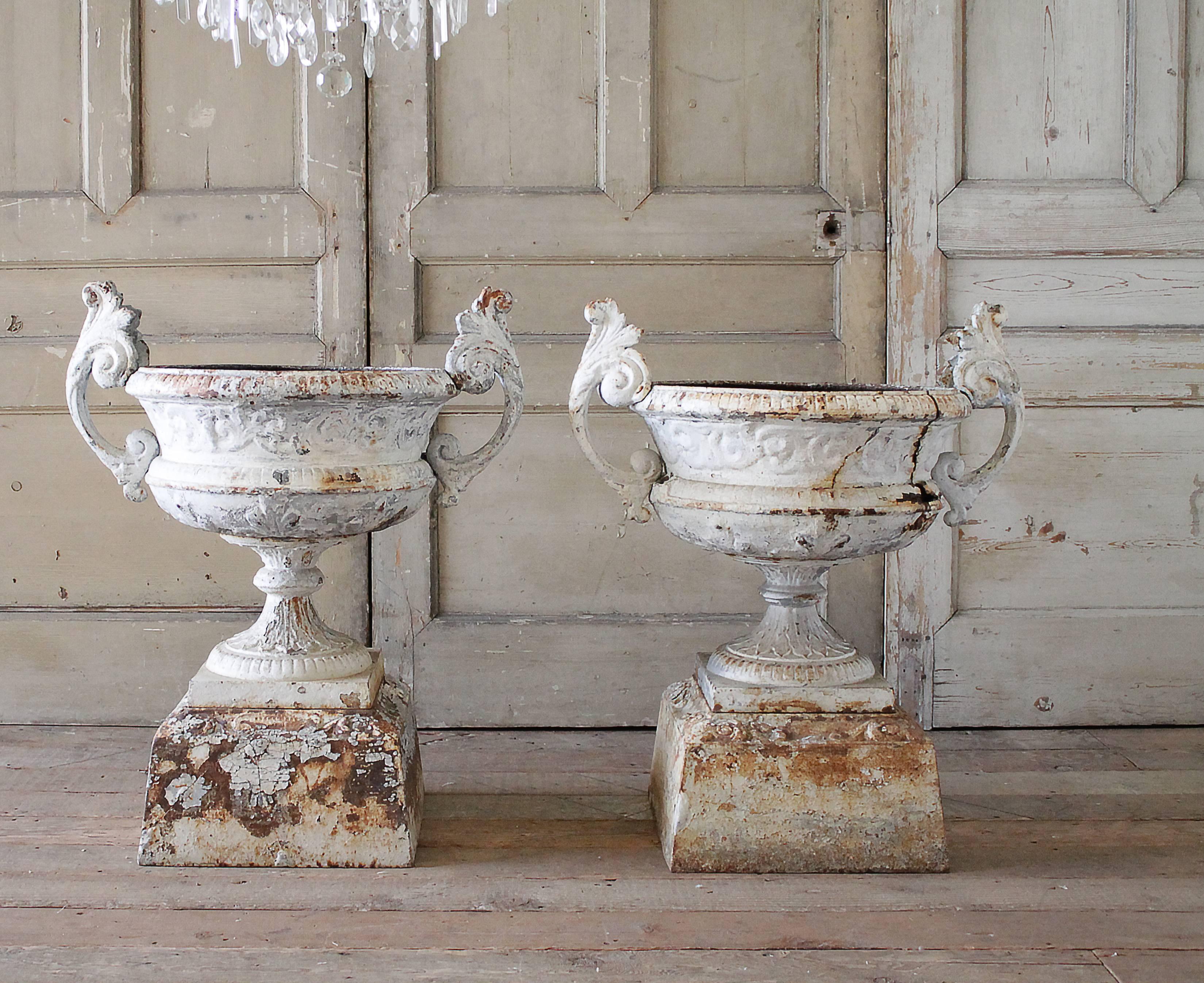 French Pair of 19th Century Cast Iron Urns on Pedestals