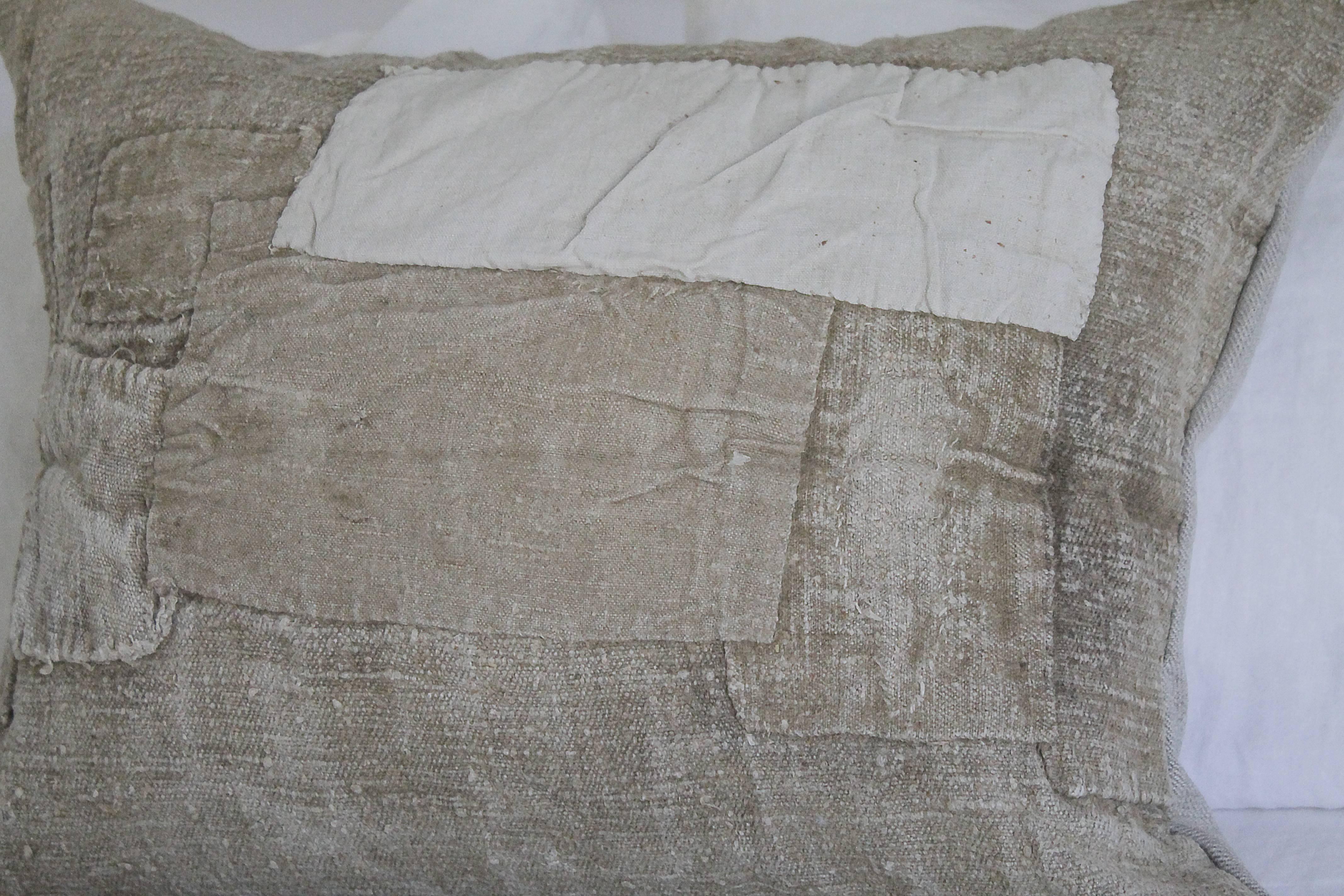 Belgian Custom Made Antique Grain Sack Pillow with Original Patchwork