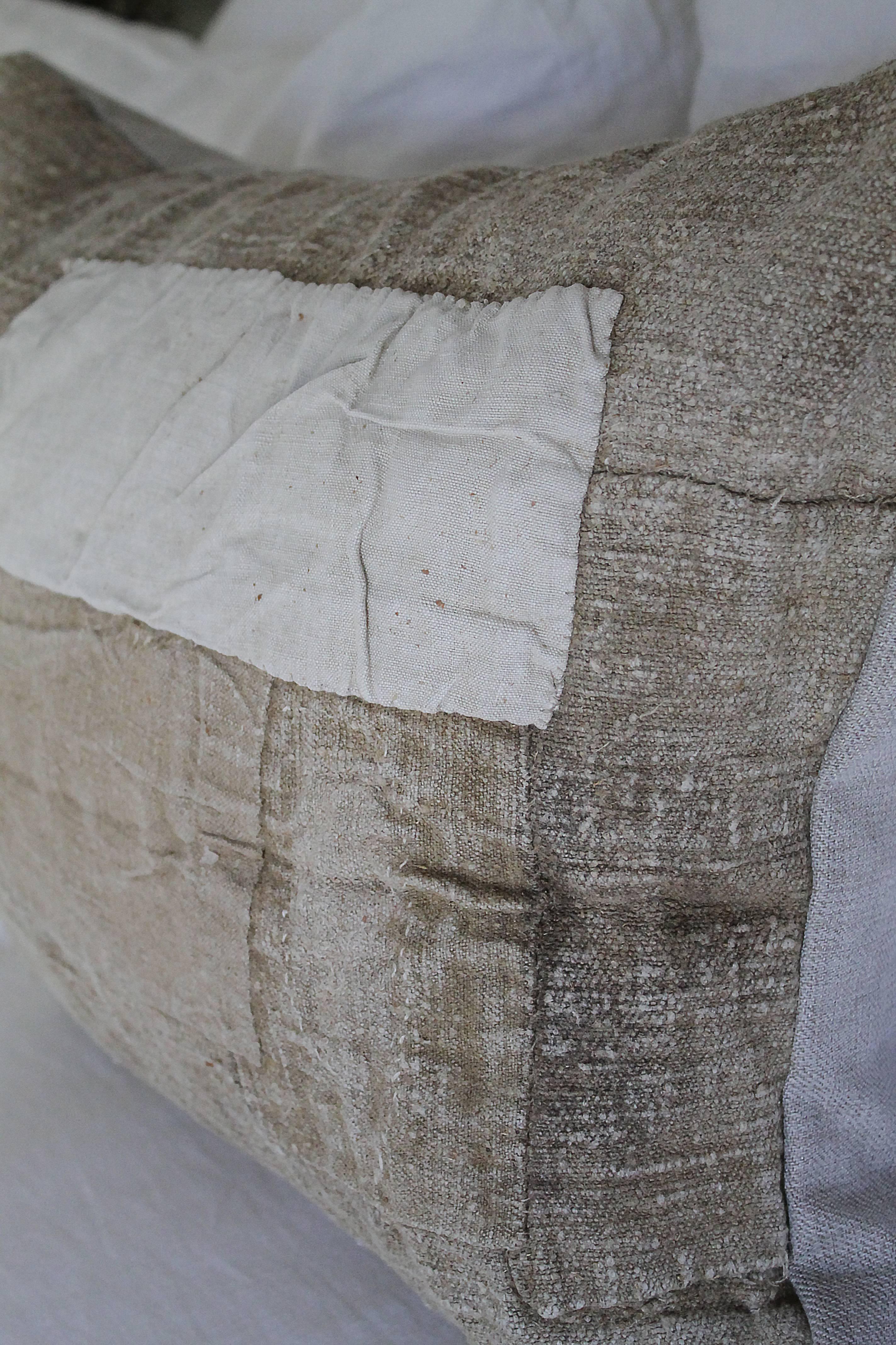 Custom Made Antique Grain Sack Pillow with Original Patchwork In Good Condition In Old Town Orange, CA