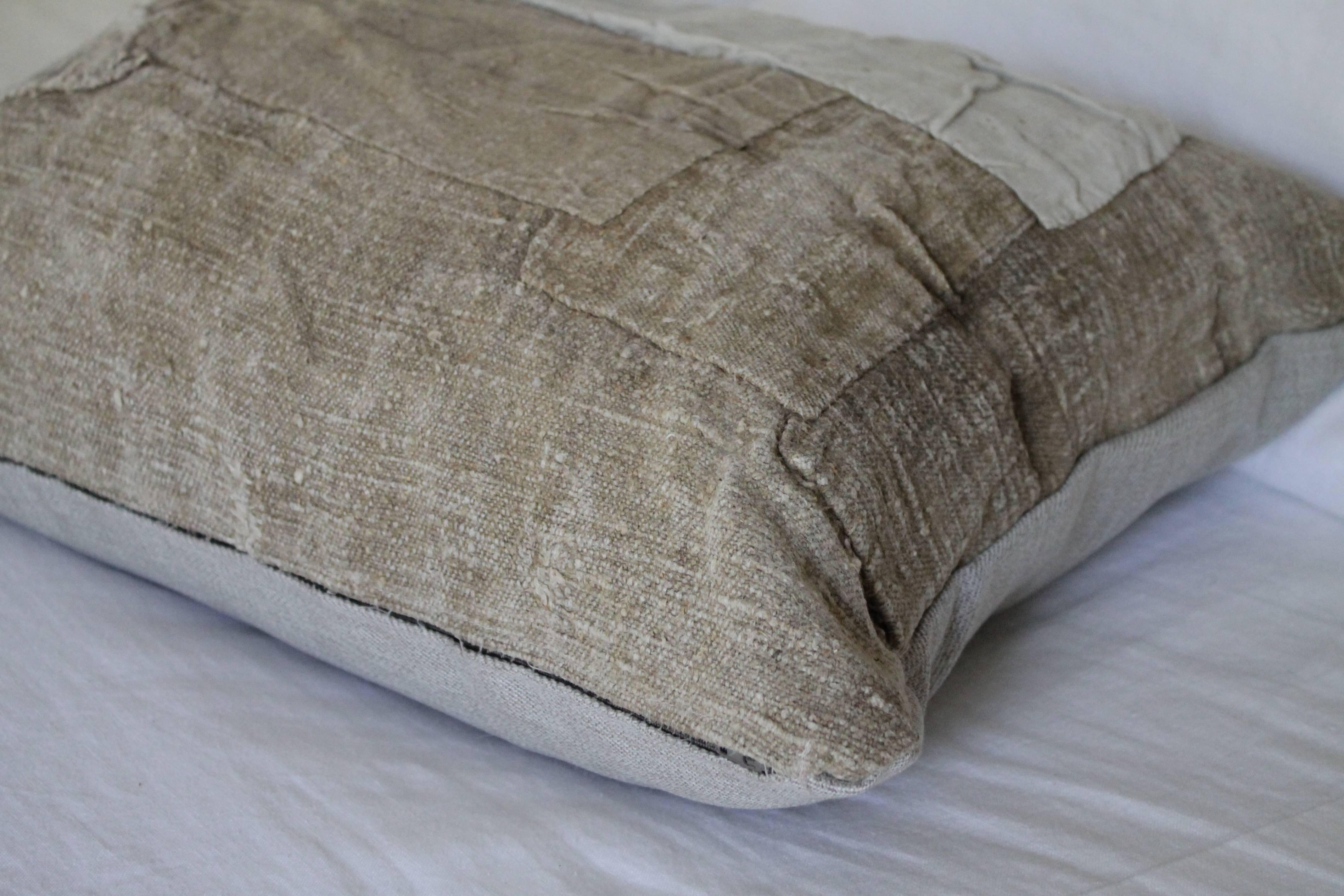 Linen Custom Made Antique Grain Sack Pillow with Original Patchwork