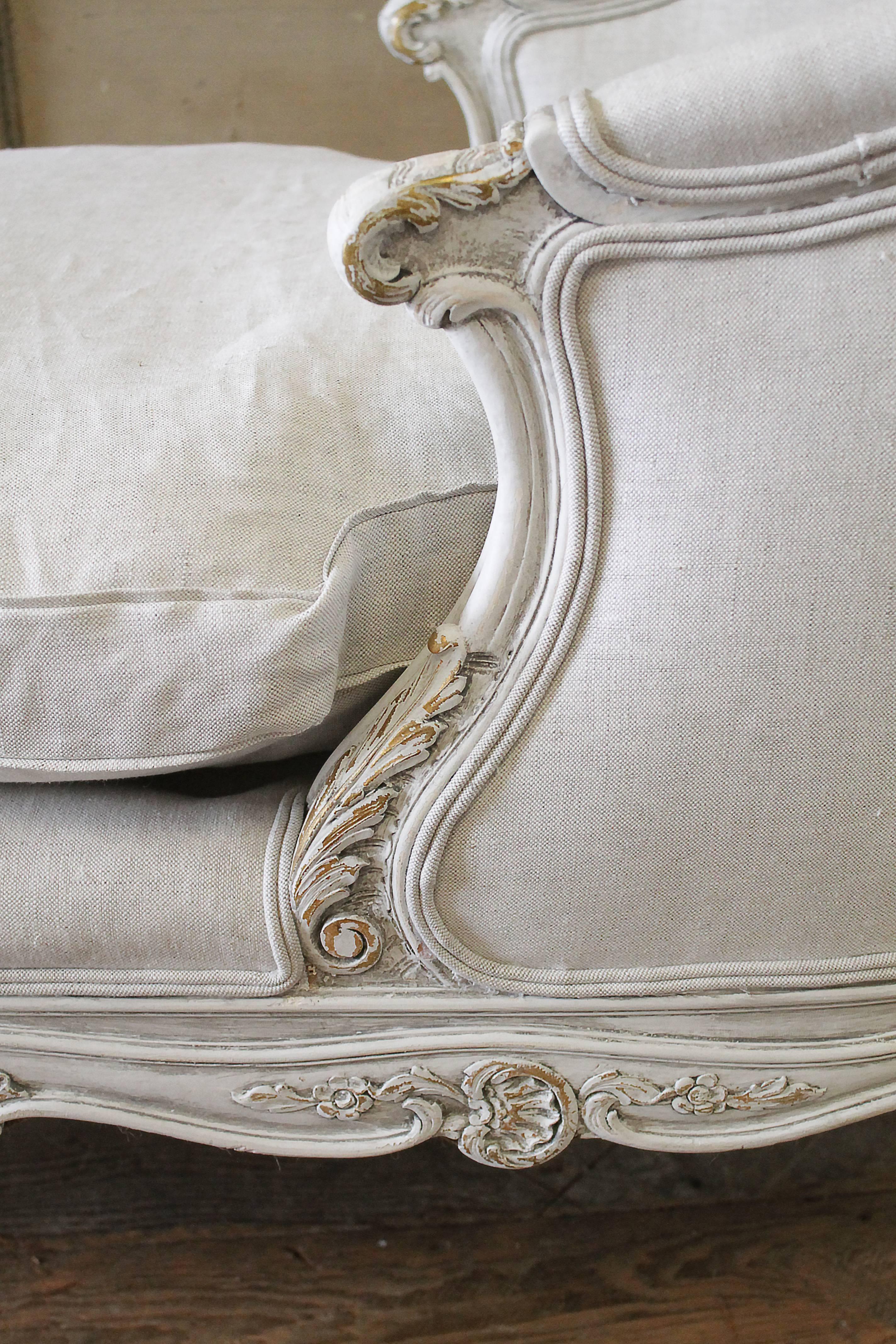 19th Century French Louis XV Style Painted Linen Upholstered Chaise Lounge 2