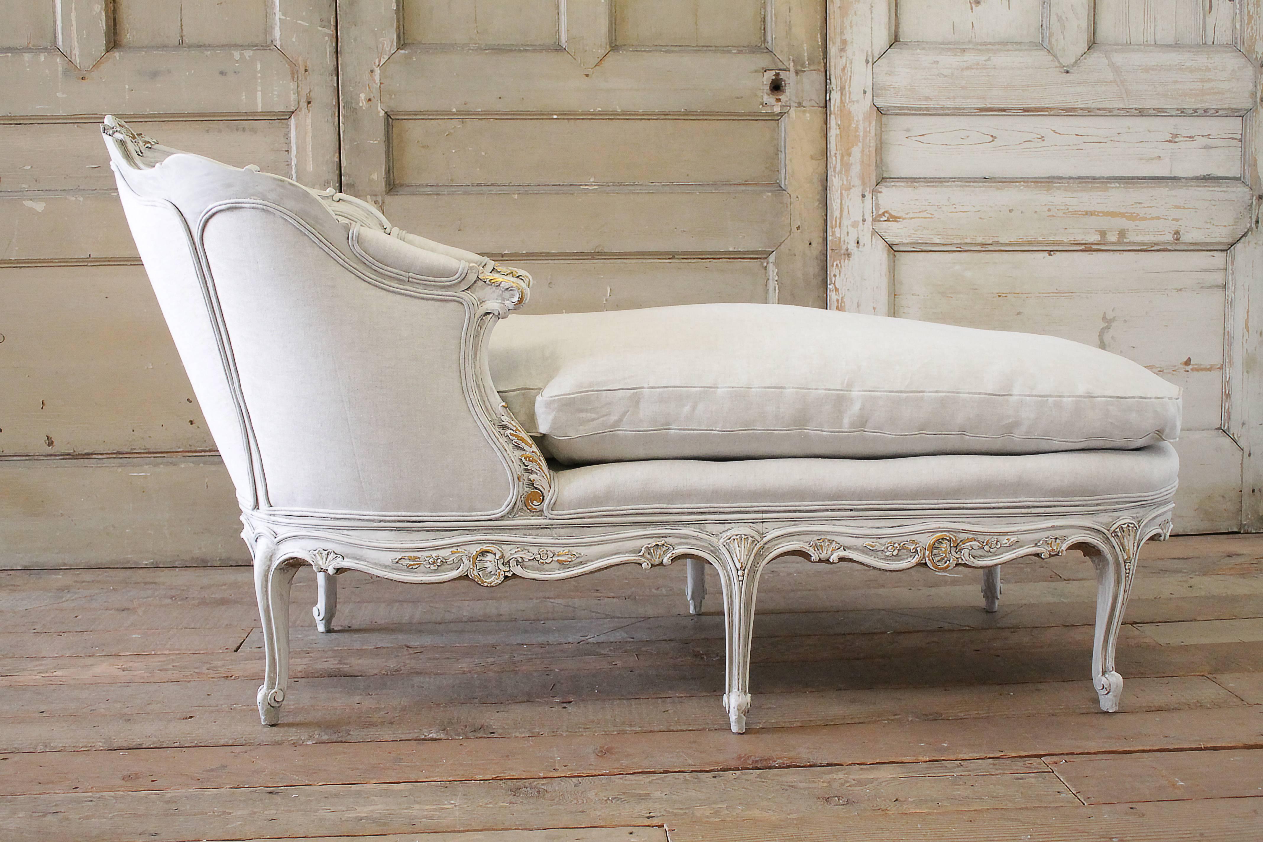 19th Century French Louis XV Style Painted Linen Upholstered Chaise Lounge 6