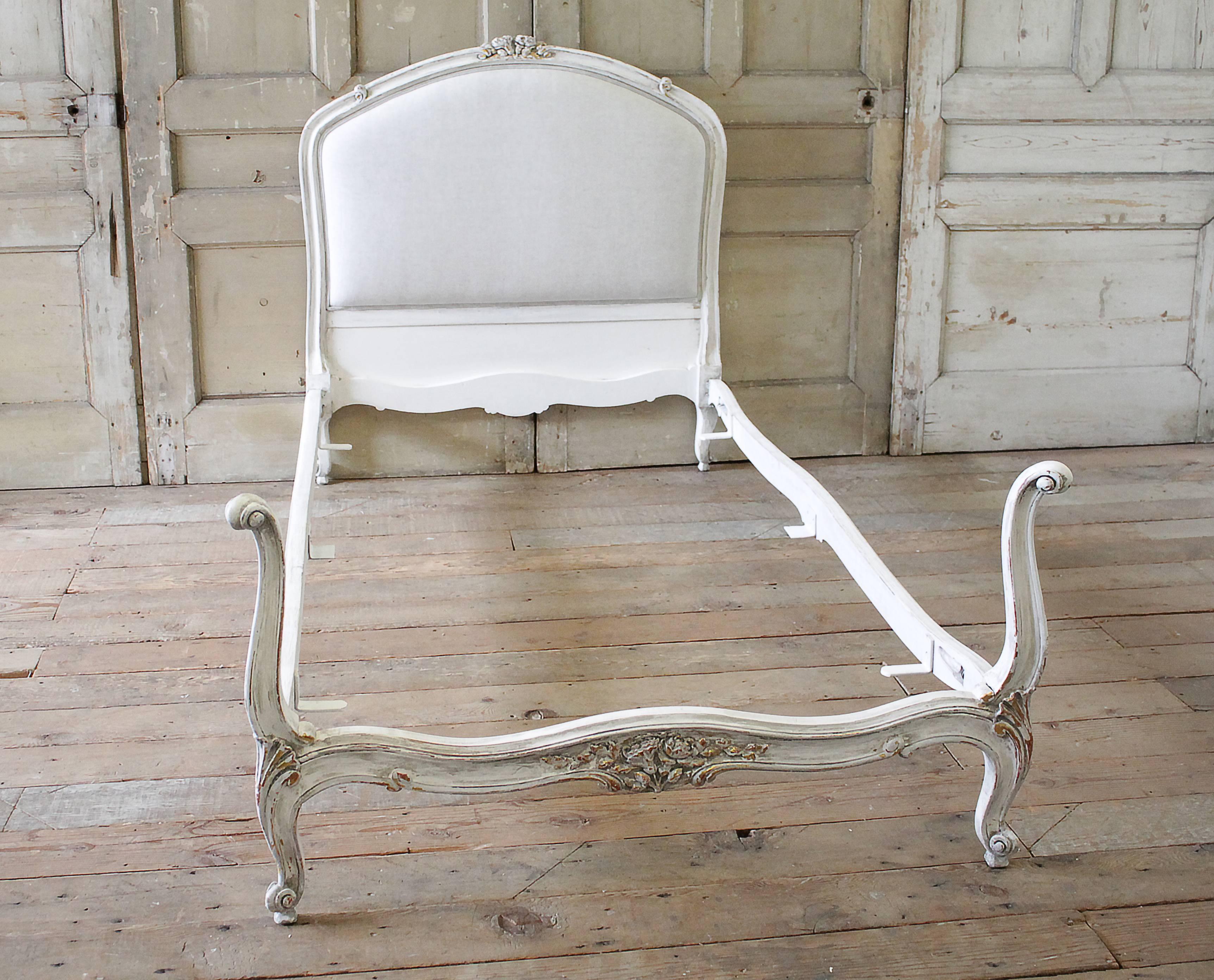 Pair of Vintage French Louis XV Style Twin Upholstered Beds In Good Condition In Brea, CA