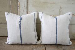 Antique Pair of Nubby Patchwork Grain Sack Pillows with Indigo Stripes