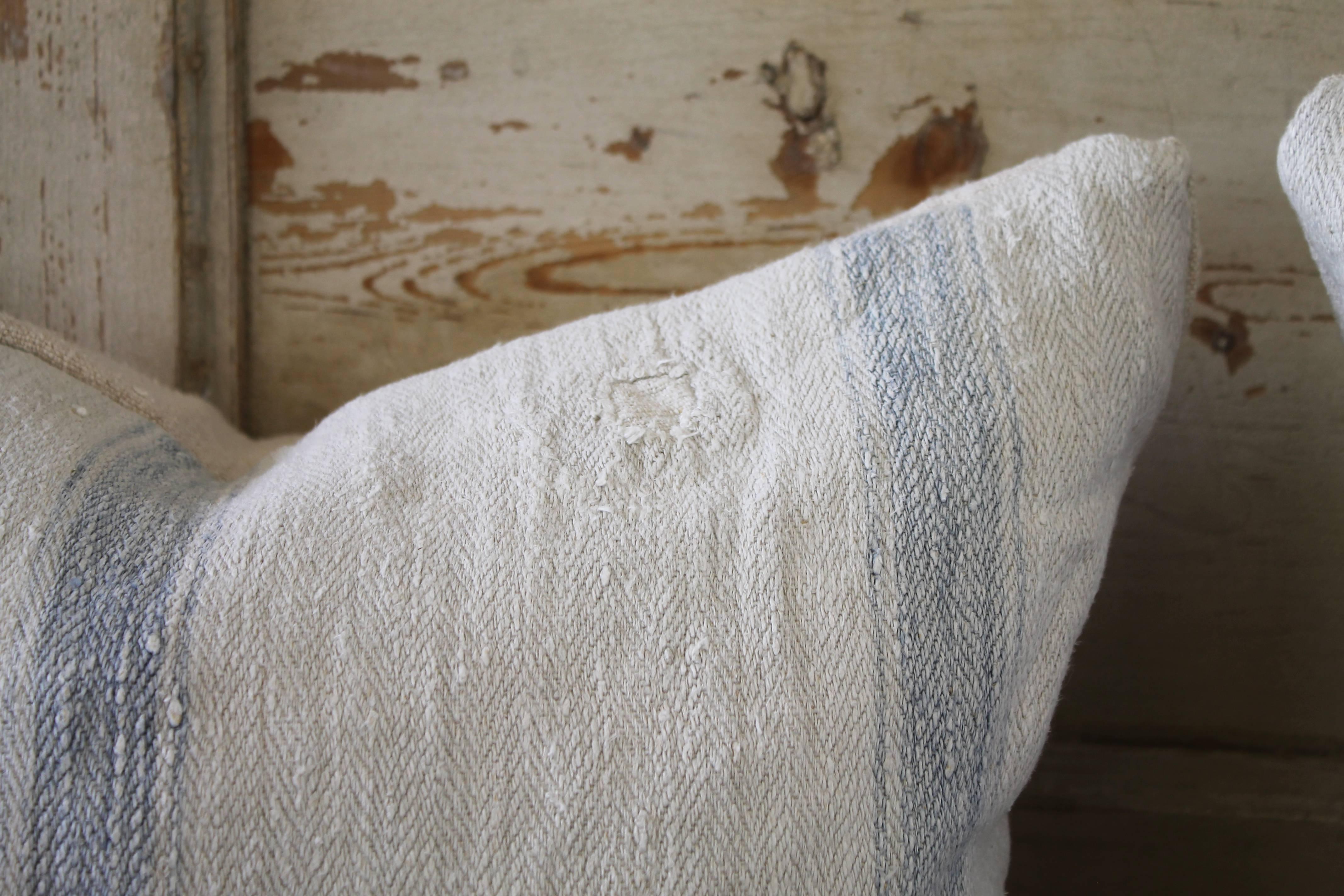 Rustic Pair of 19th Century Antique Linen Grain Pillows with Monograms