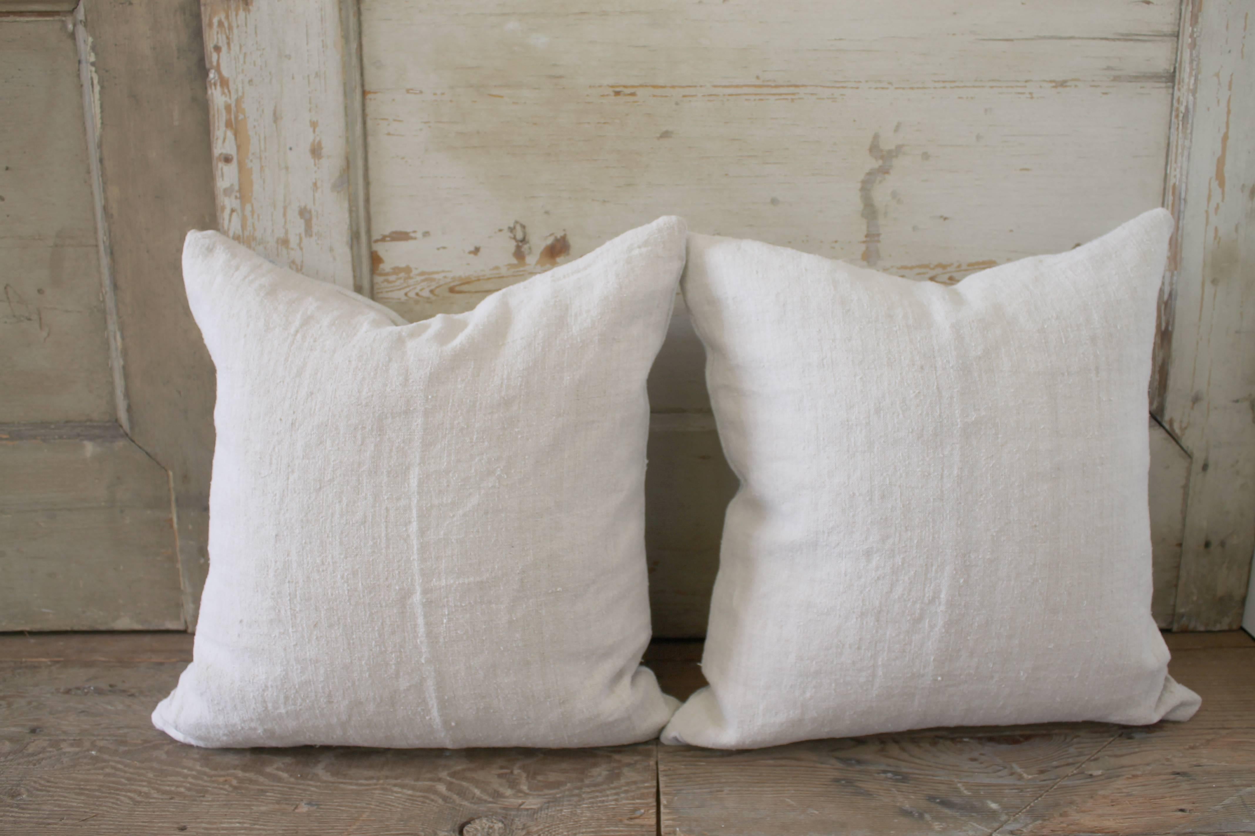 Pair of 19th Century Antique Linen Grain Pillows with Monograms In Good Condition In Brea, CA