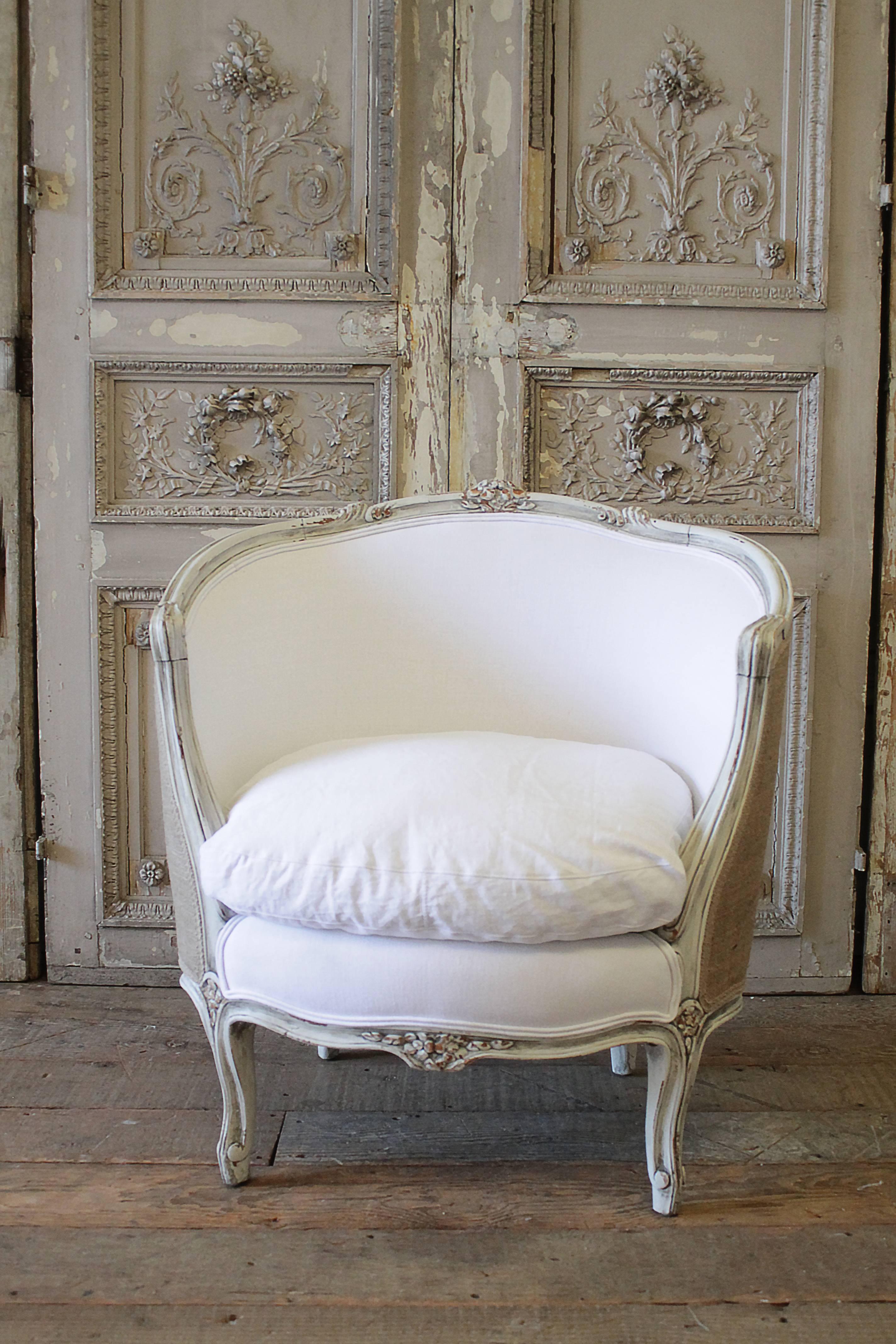 Carved Louis XV Style Painted and Upholstered Barrel Chair