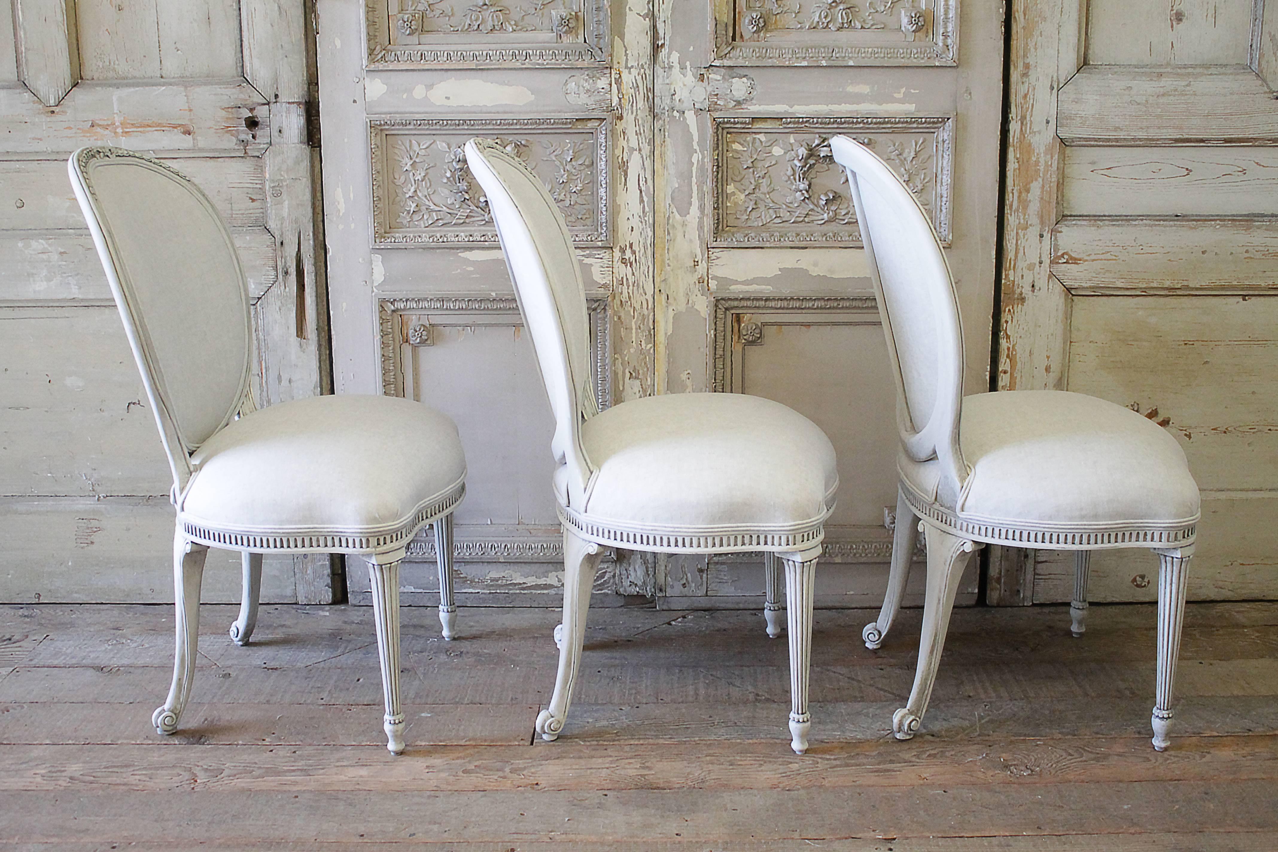 Carved Set of Four Painted and Upholstered Neoclassical Style Dining Chairs, EJ Victor