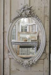 19th Century Carved Roses and Doves Louis XVI Oval Painted Mirror