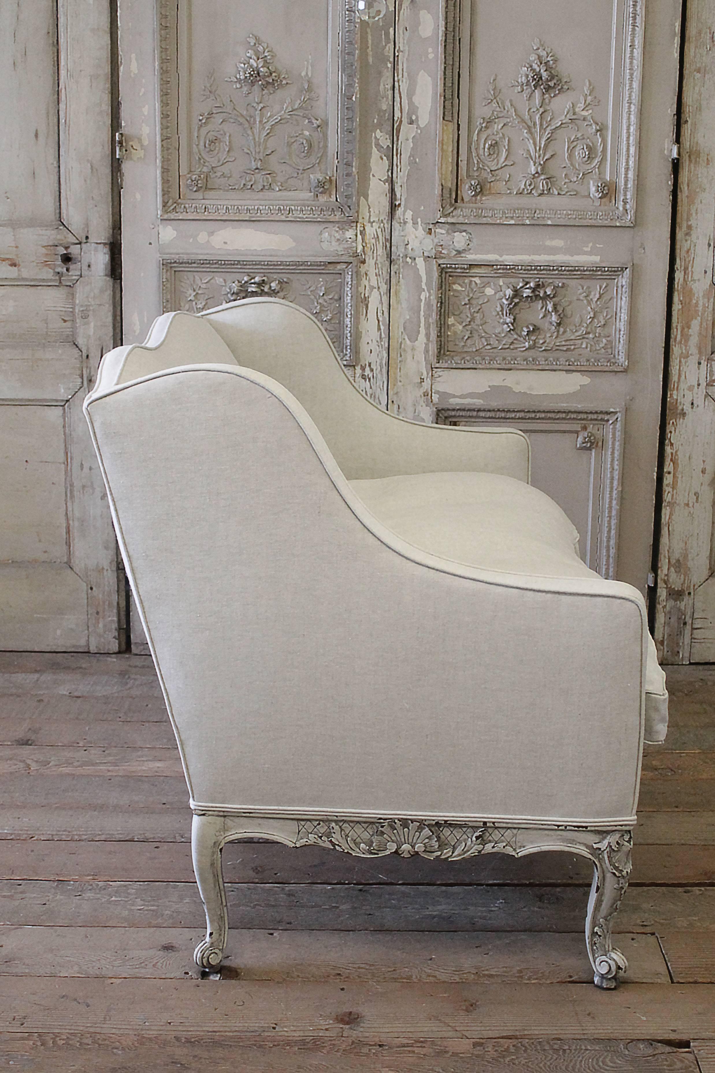 Wood Pair of French Painted and Upholstered Louis XV Style Loveseats