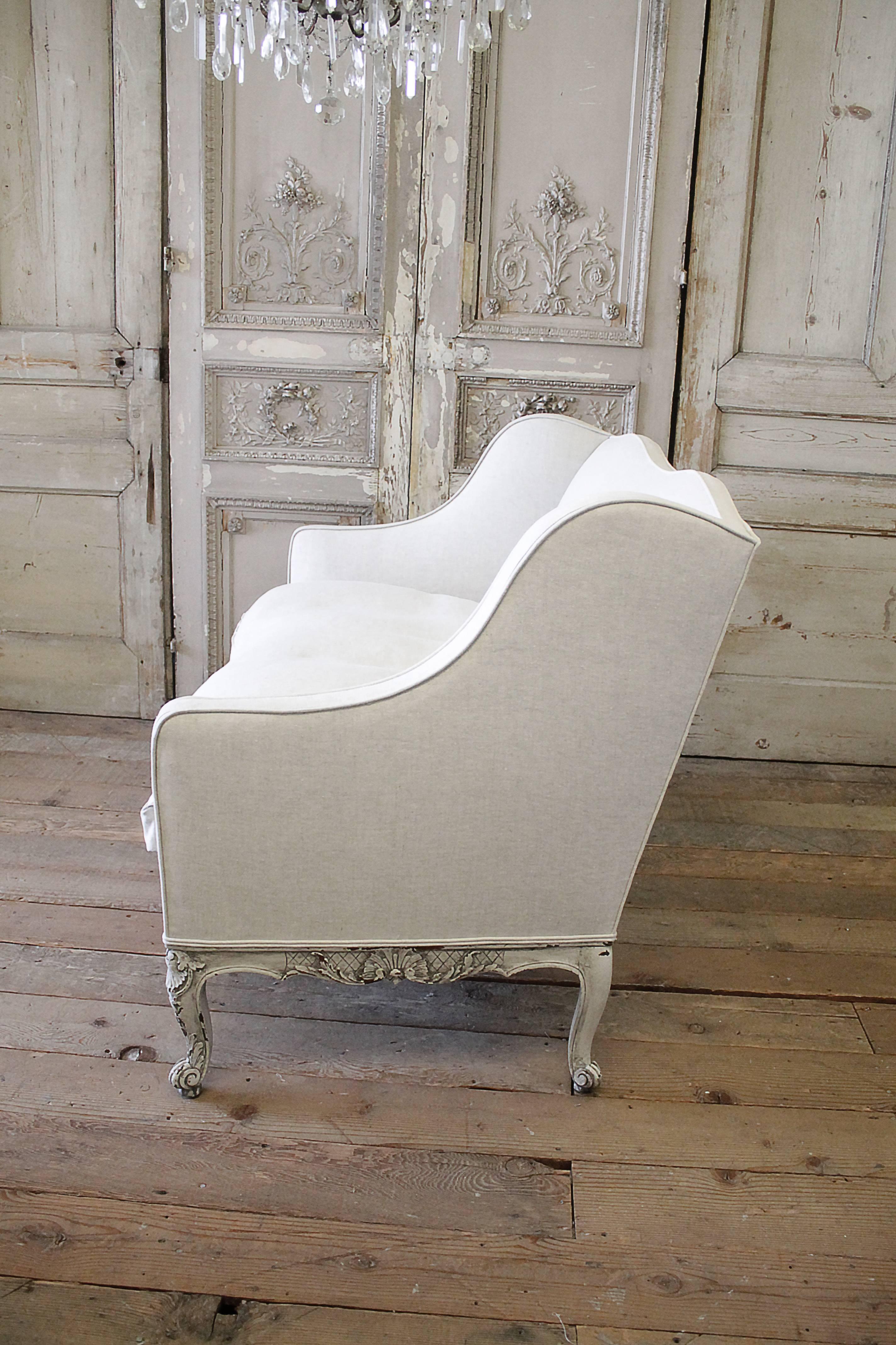 Pair of French Painted and Upholstered Louis XV Style Loveseats 3