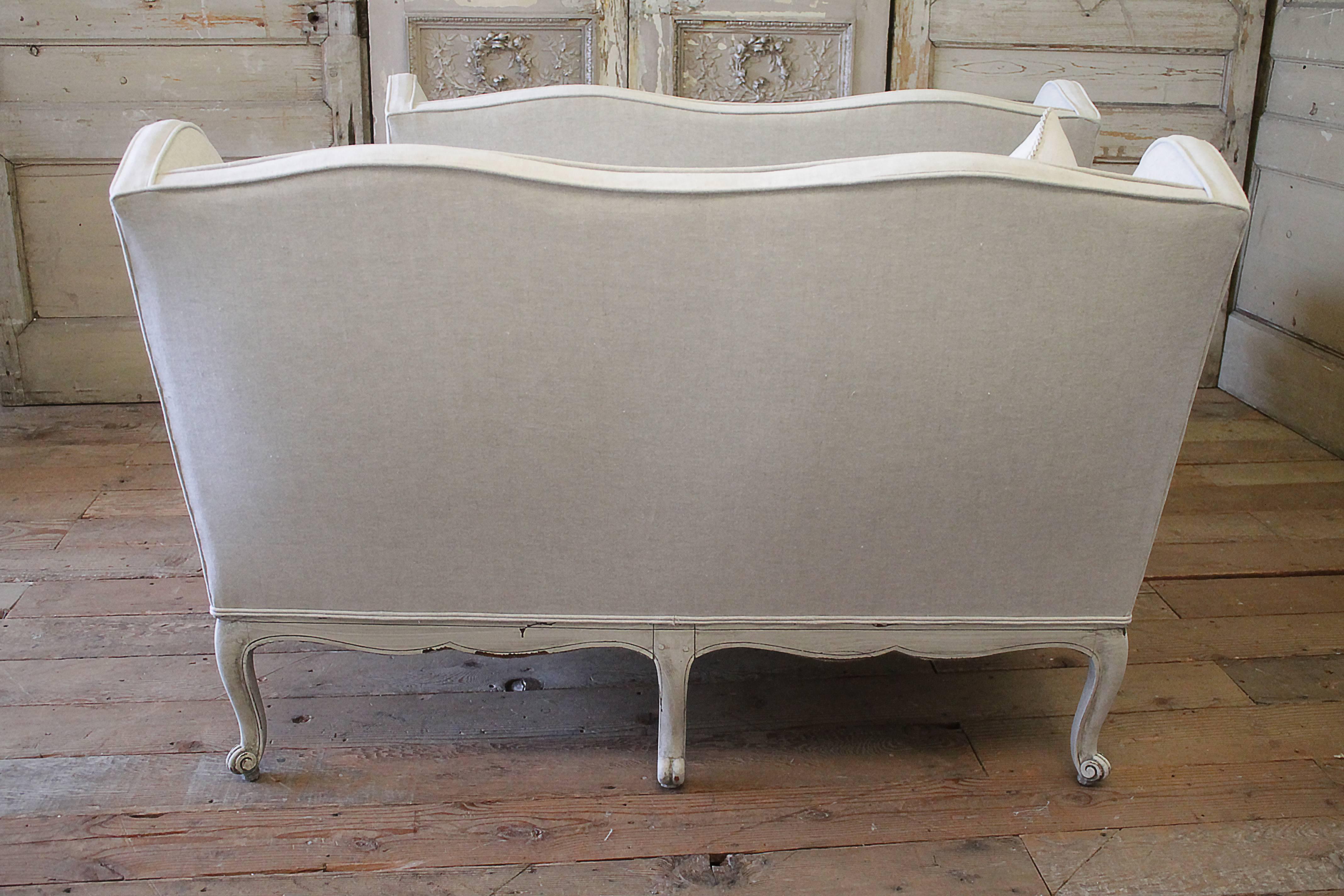 Pair of French Painted and Upholstered Louis XV Style Loveseats 2