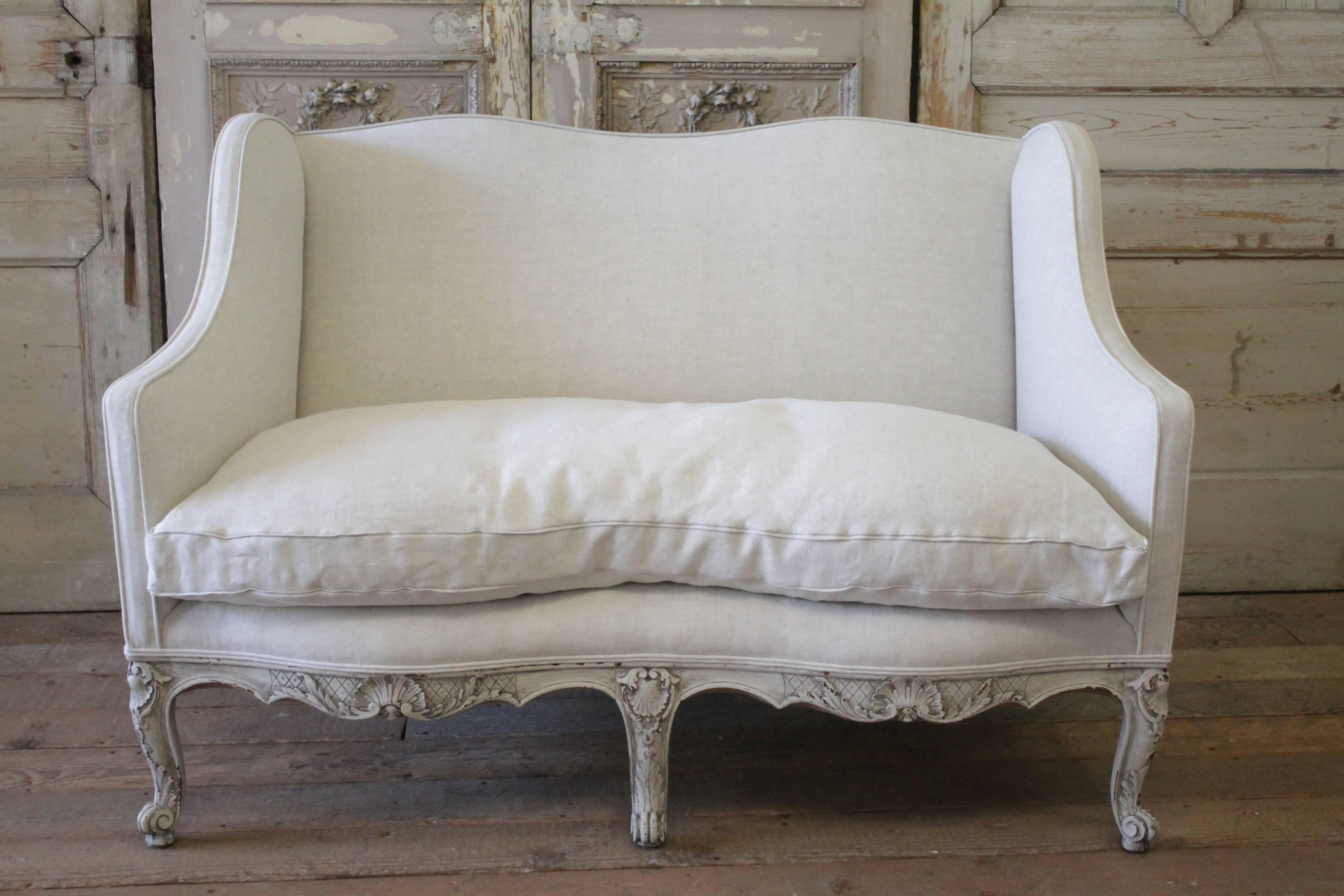 Carved Pair of French Painted and Upholstered Louis XV Style Loveseats