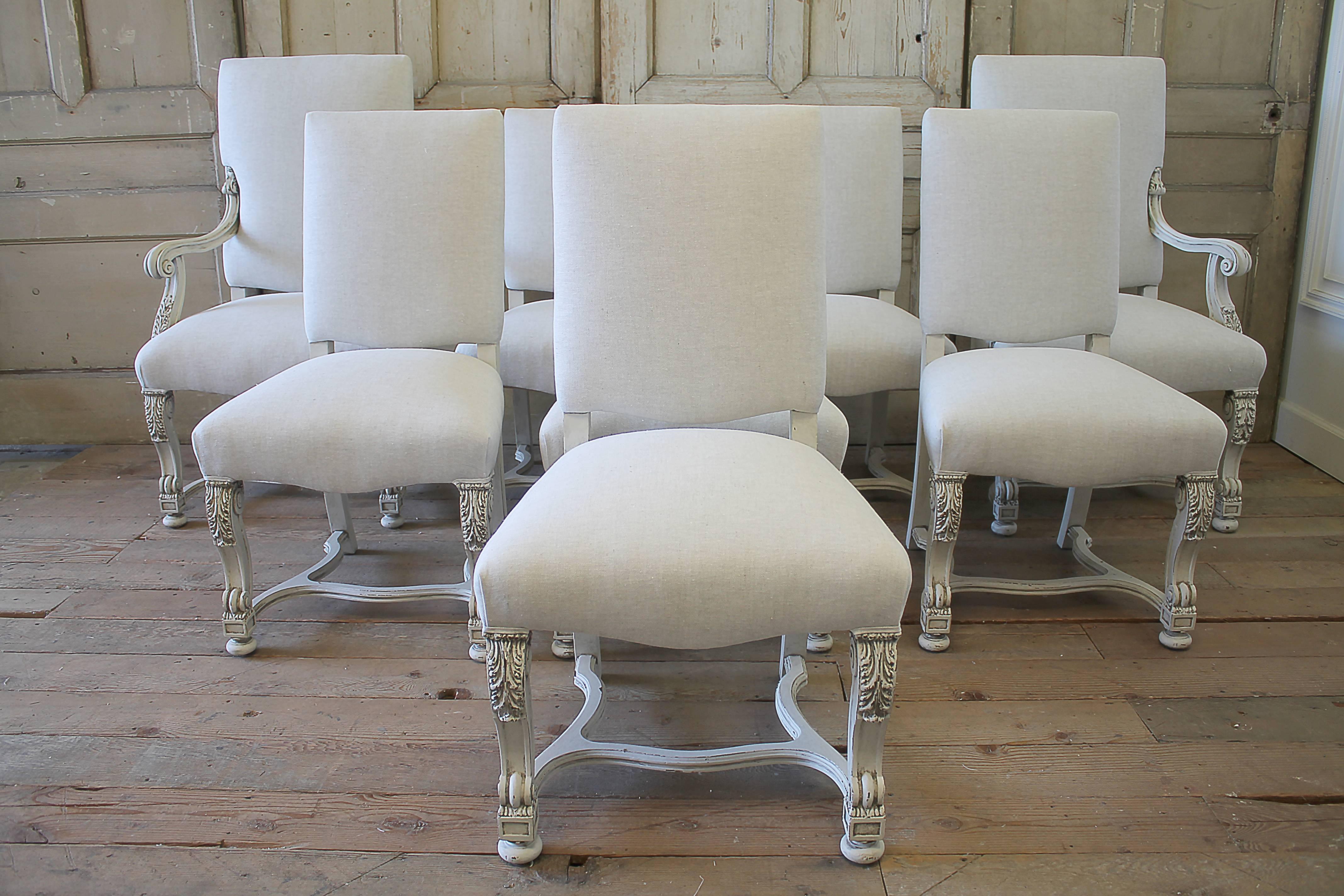 Set of Eight Carved and Linen Upholstered Renaissance Dining Chairs 6