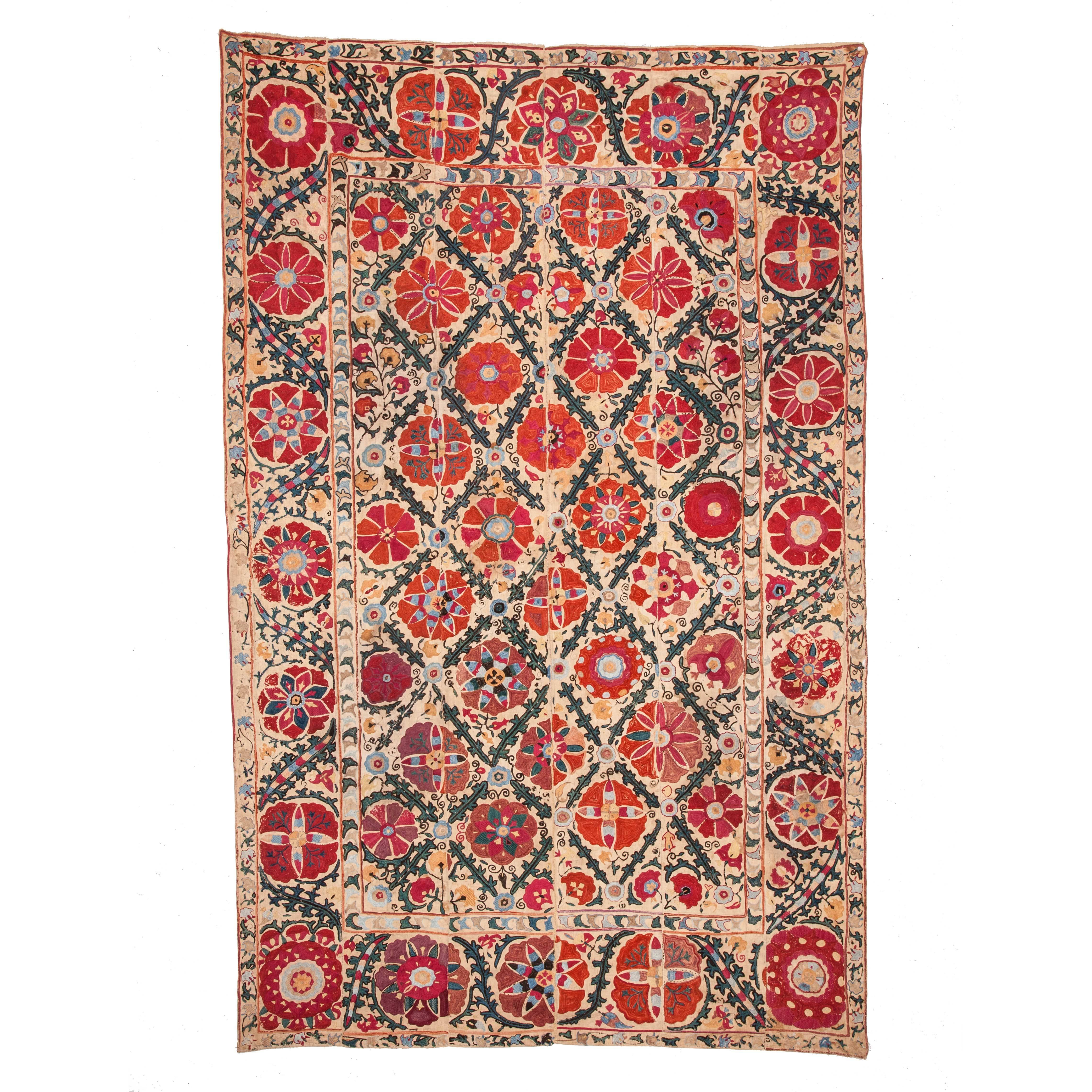 19th Century Uzbek Suzani from Bukhara Silk on Cotton