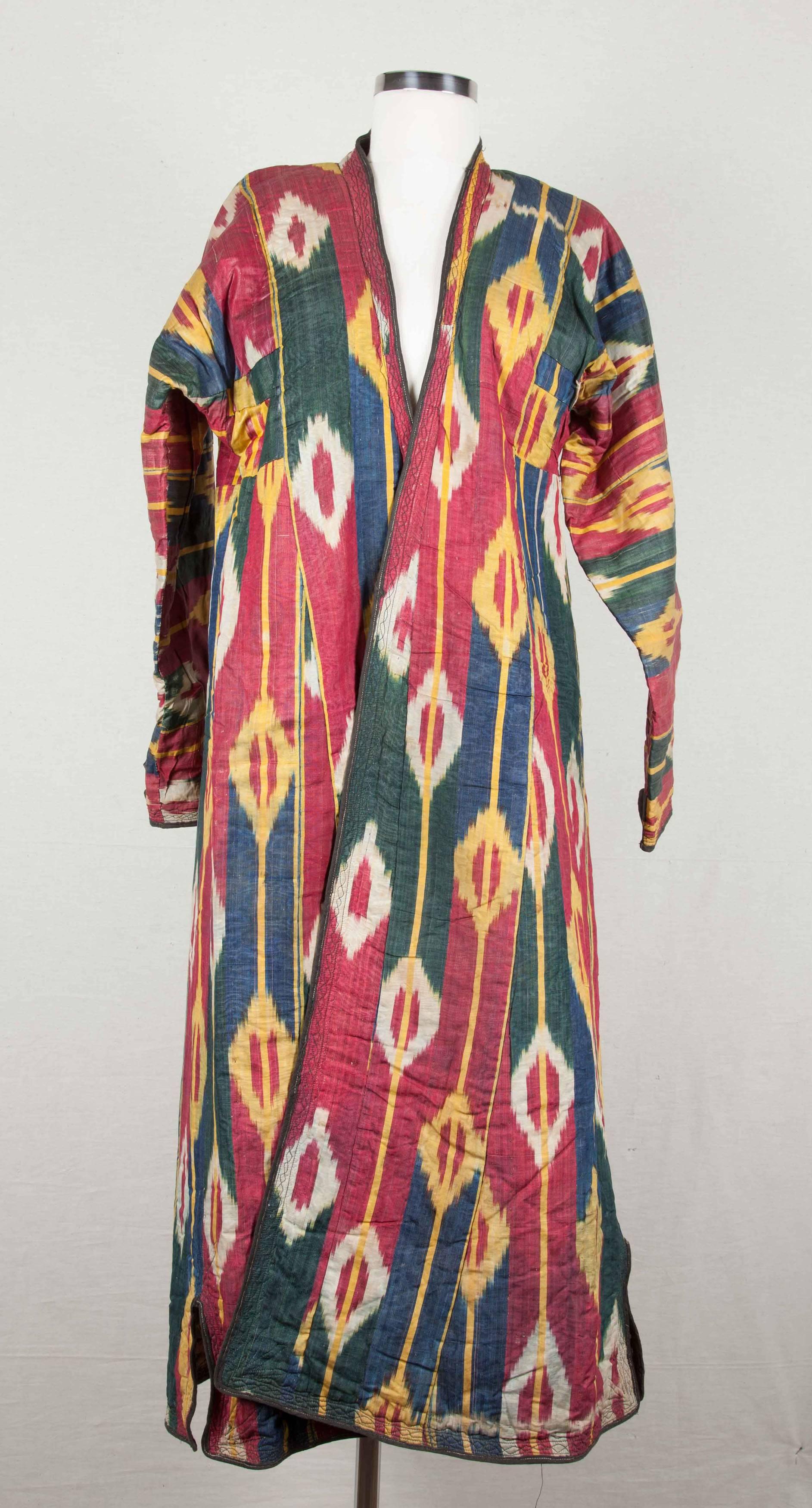 Woven 19th Century, Uzbek Silk and Cotton 'Silk Warp, Cotton Weft' Ikat Coat, Chapan For Sale