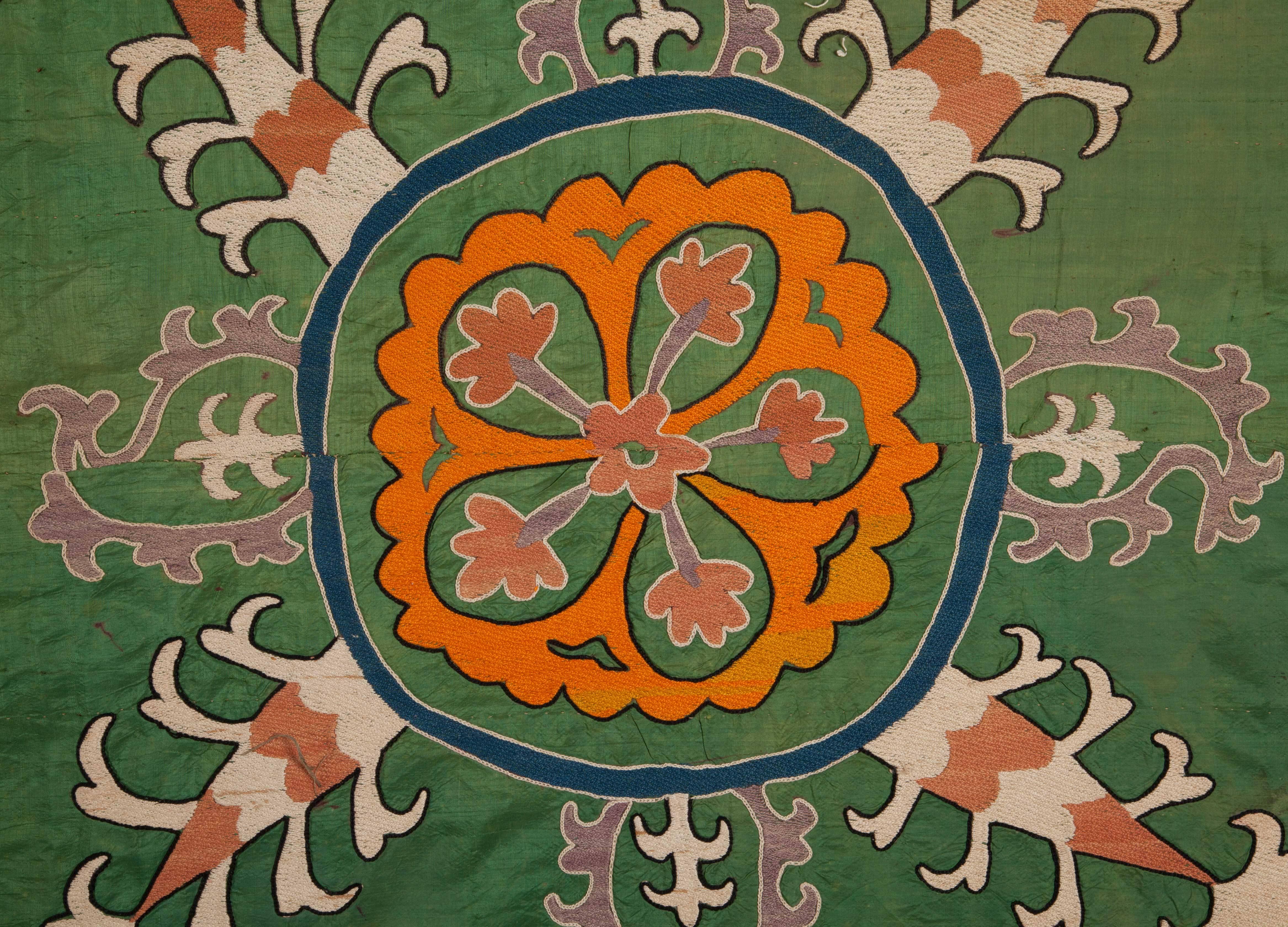 Islamic Late 19th-Early 20th Century Silk Uzbek Suzani, Fantastic Russian Cotton Print