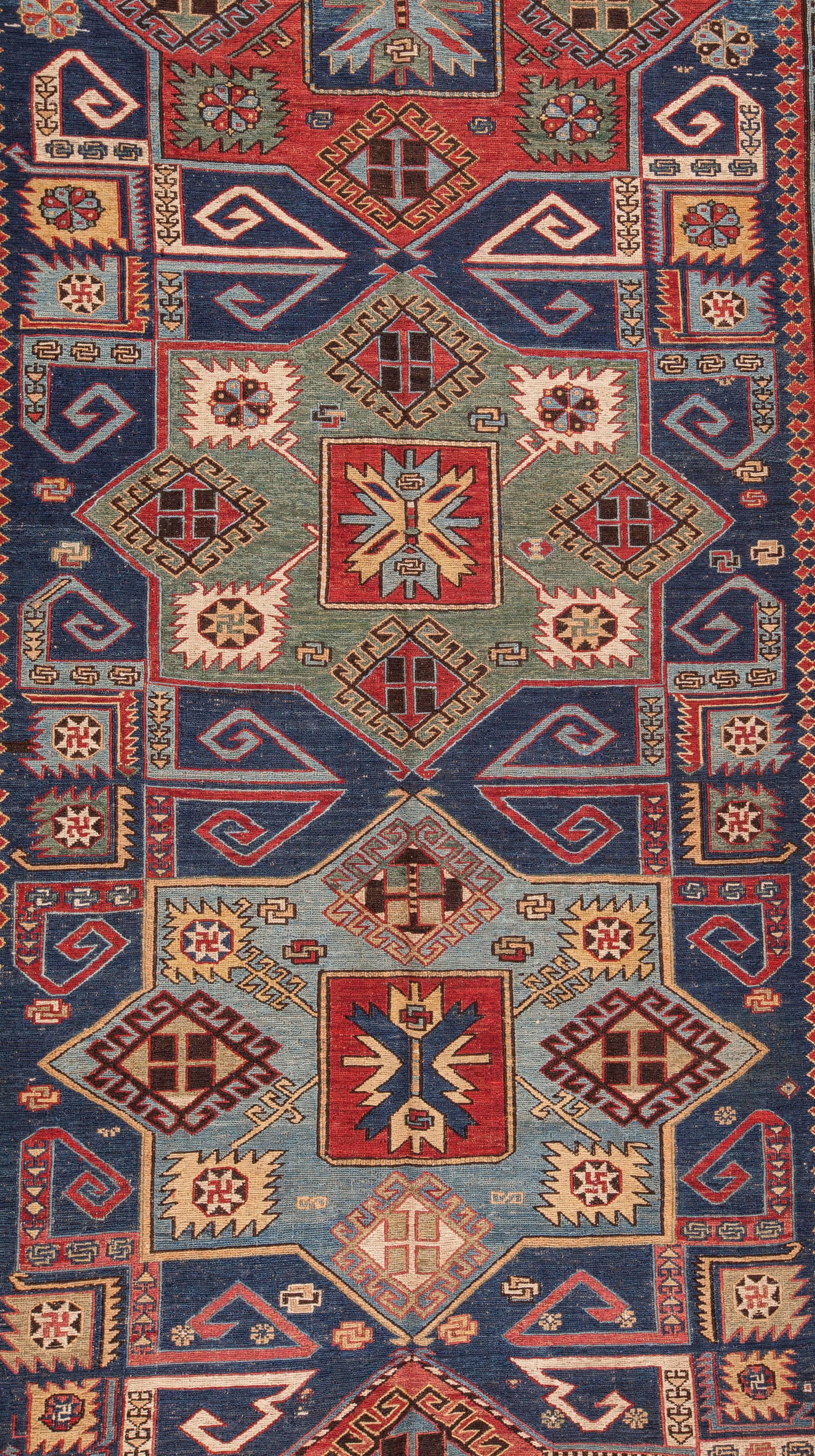 Professionally repaired, colourful long Sumak rug from Daghestan.