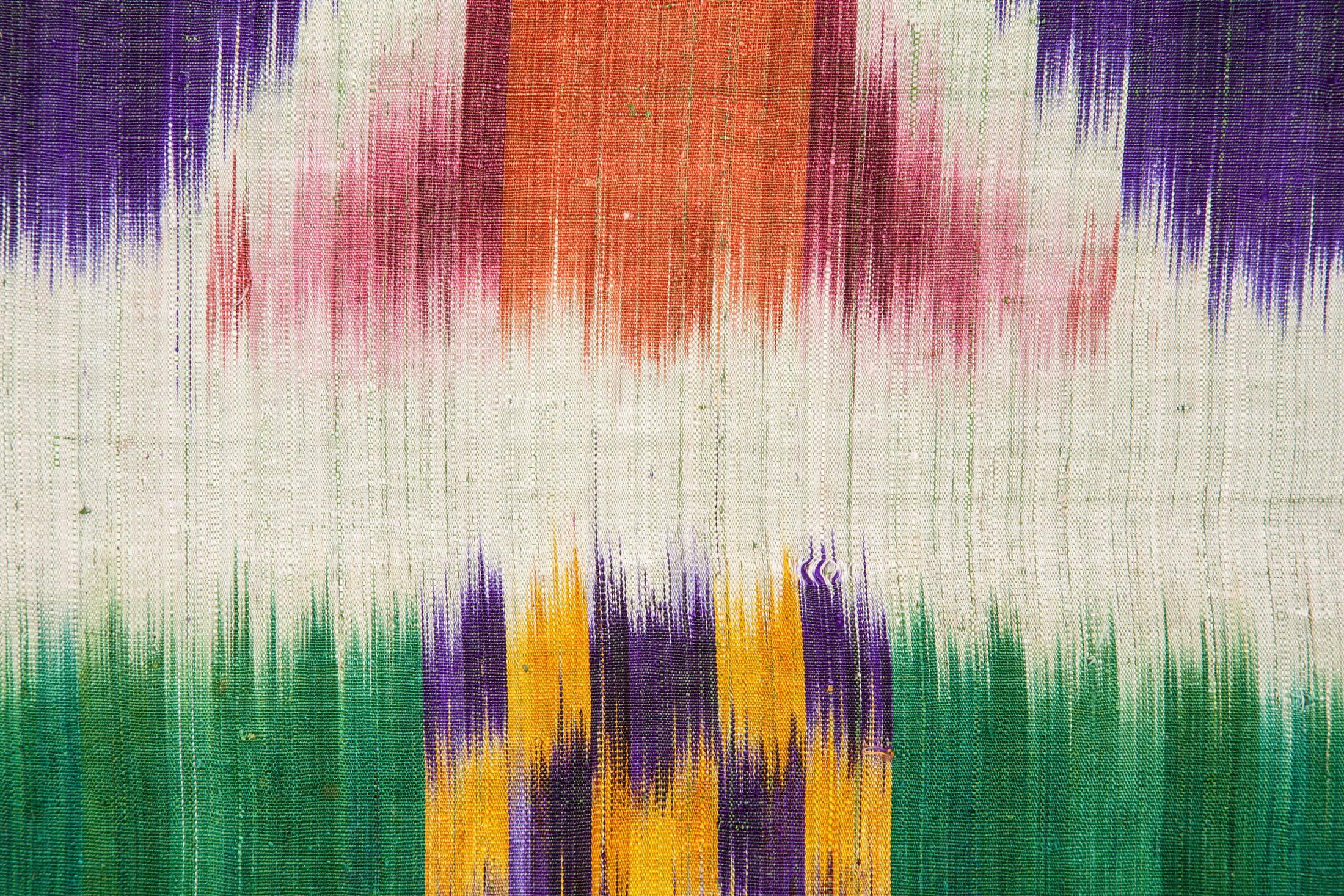 Silk Early 20th Century Ikat Fragment, Backed on Linen 2'9'' x 3'0''