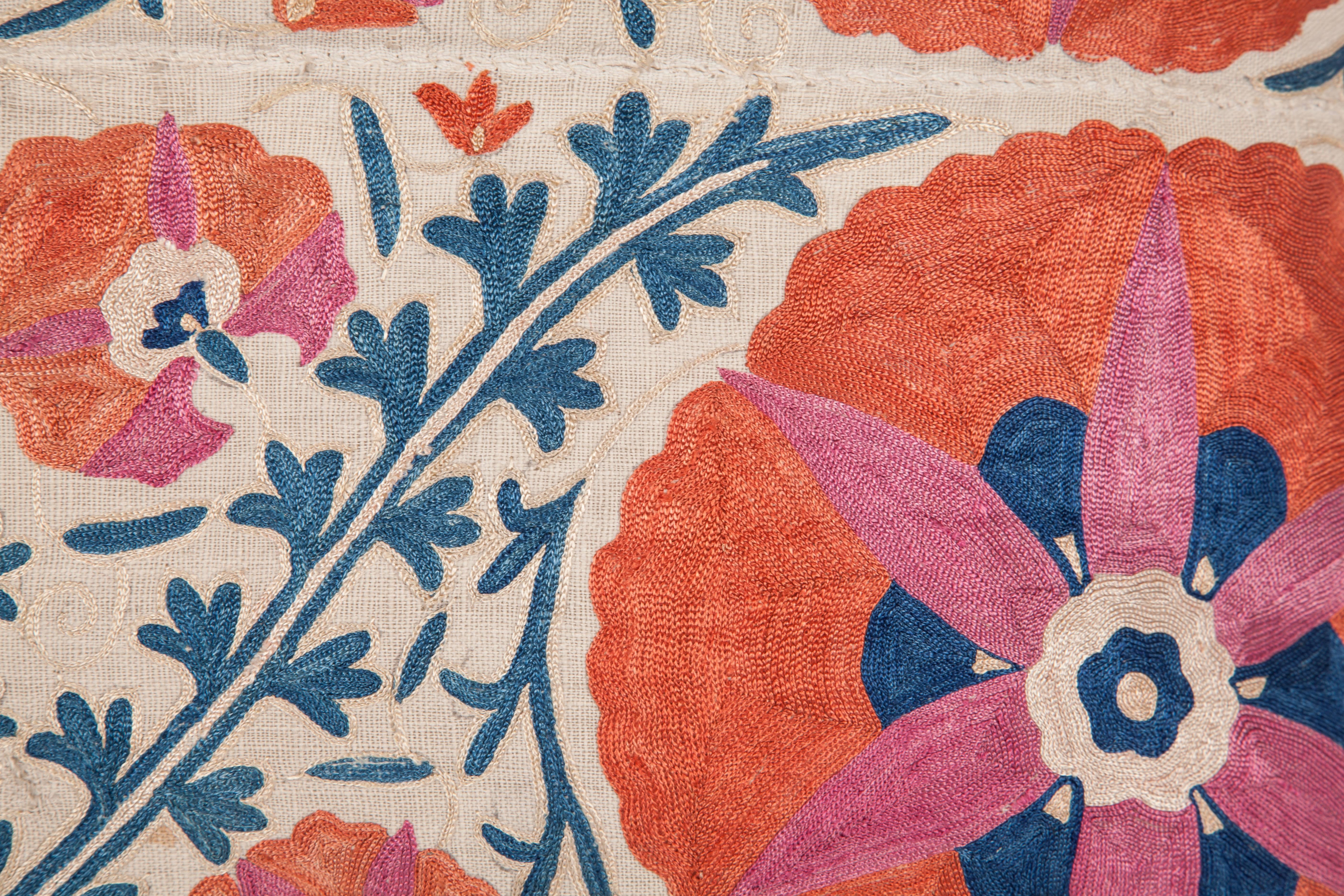 Embroidered Mid-19th Century Suzani Pillow Fashioned from an Antique Uzbek Suzani Fragment