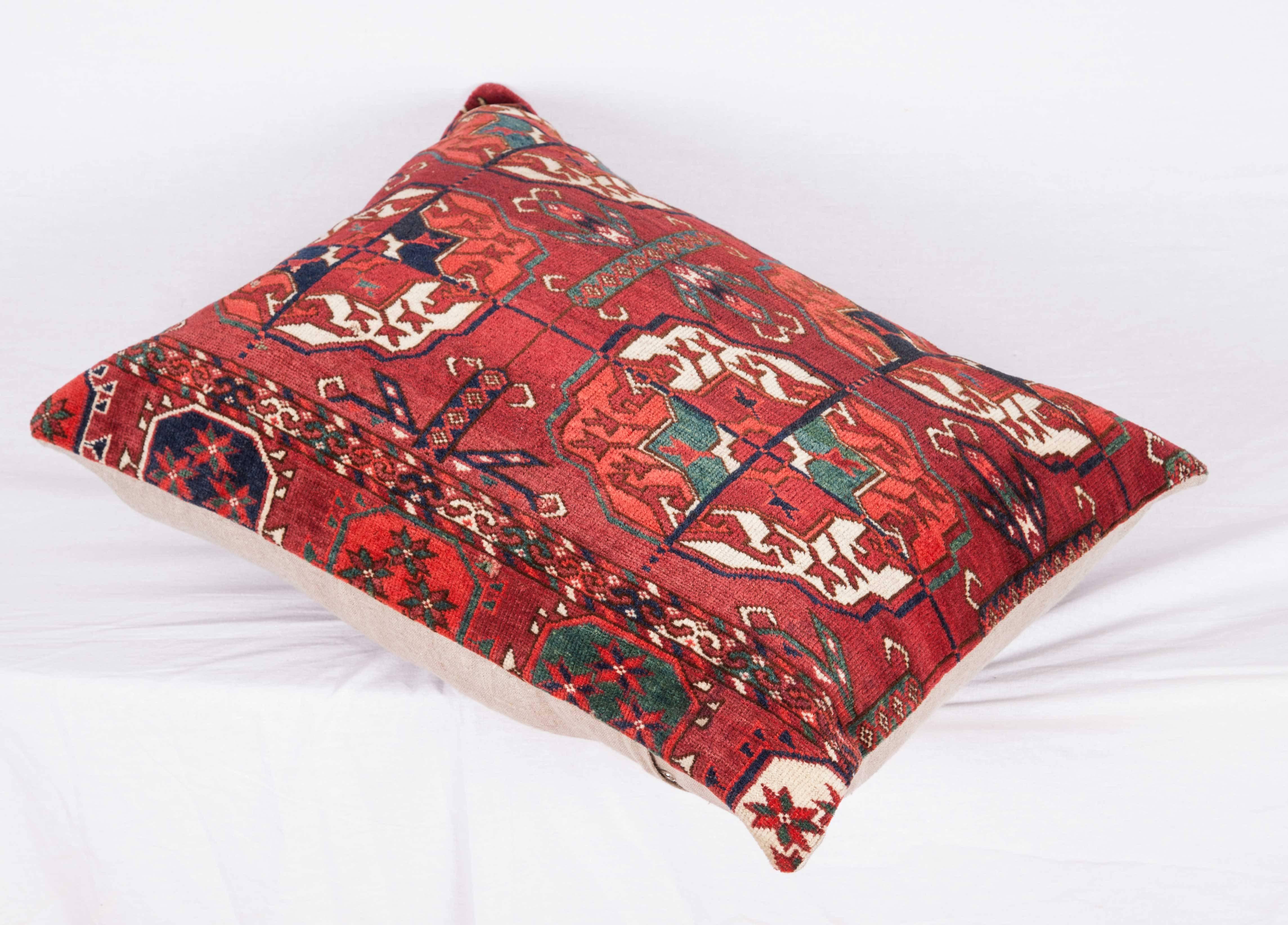 Linen Antique Pillow with Velvet like Texture Made Out of a Turkmen Rug