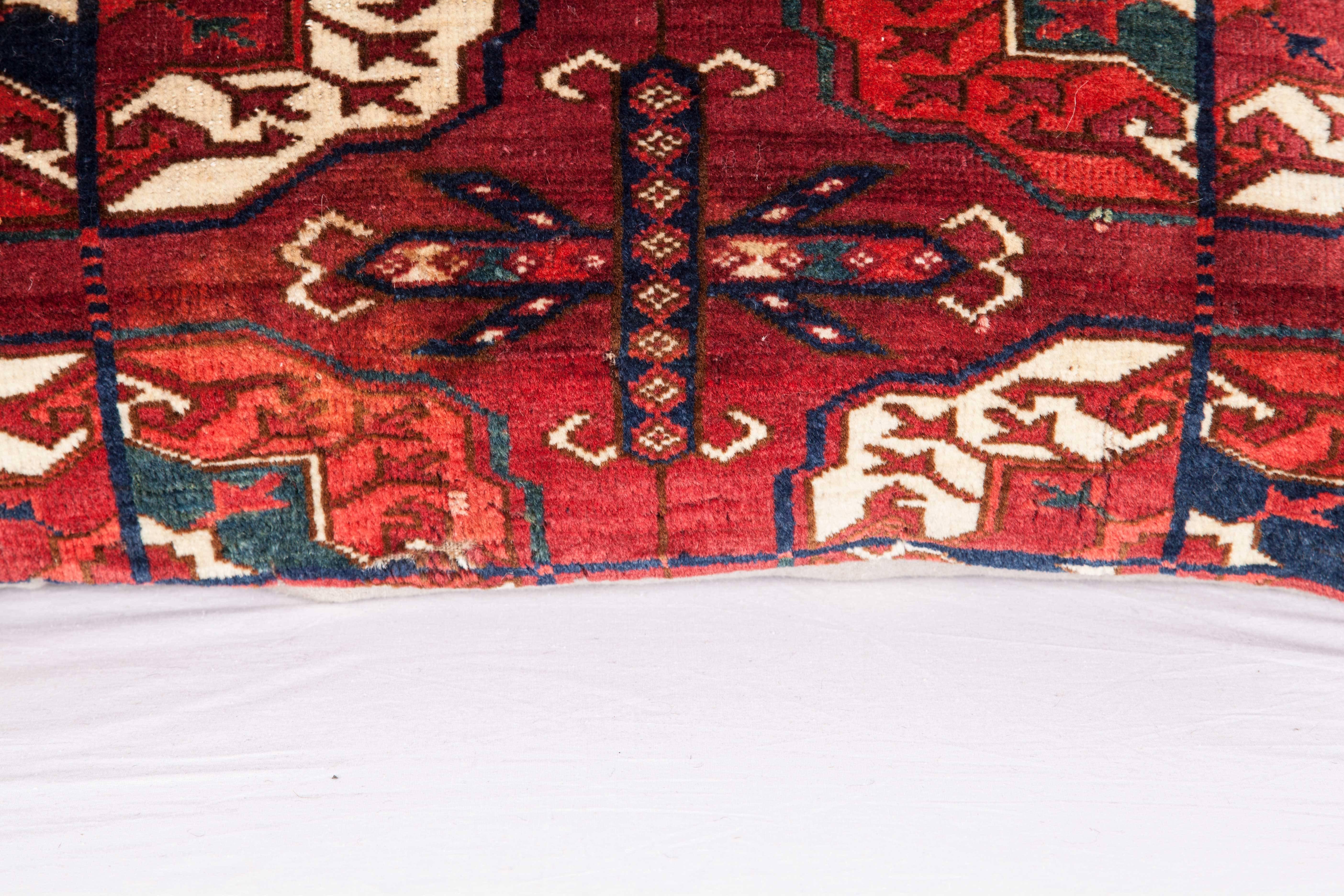 Hand-Woven Antique Pillow with Velvet like Texture Made Out of a Turkmen Rug