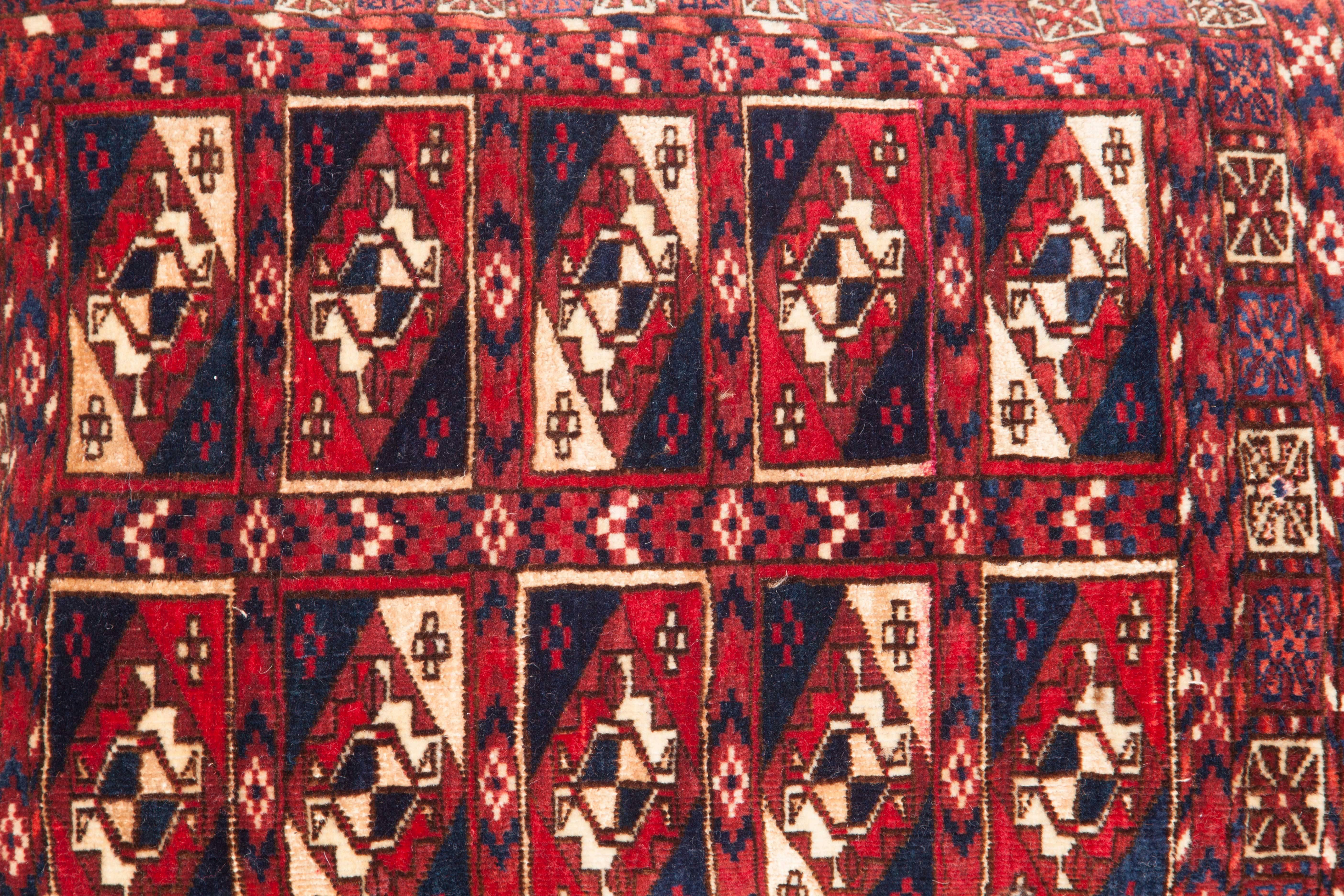 Tribal Antique Pillow with Velvet like Texture Made Out of a Turkmen Bag For Sale
