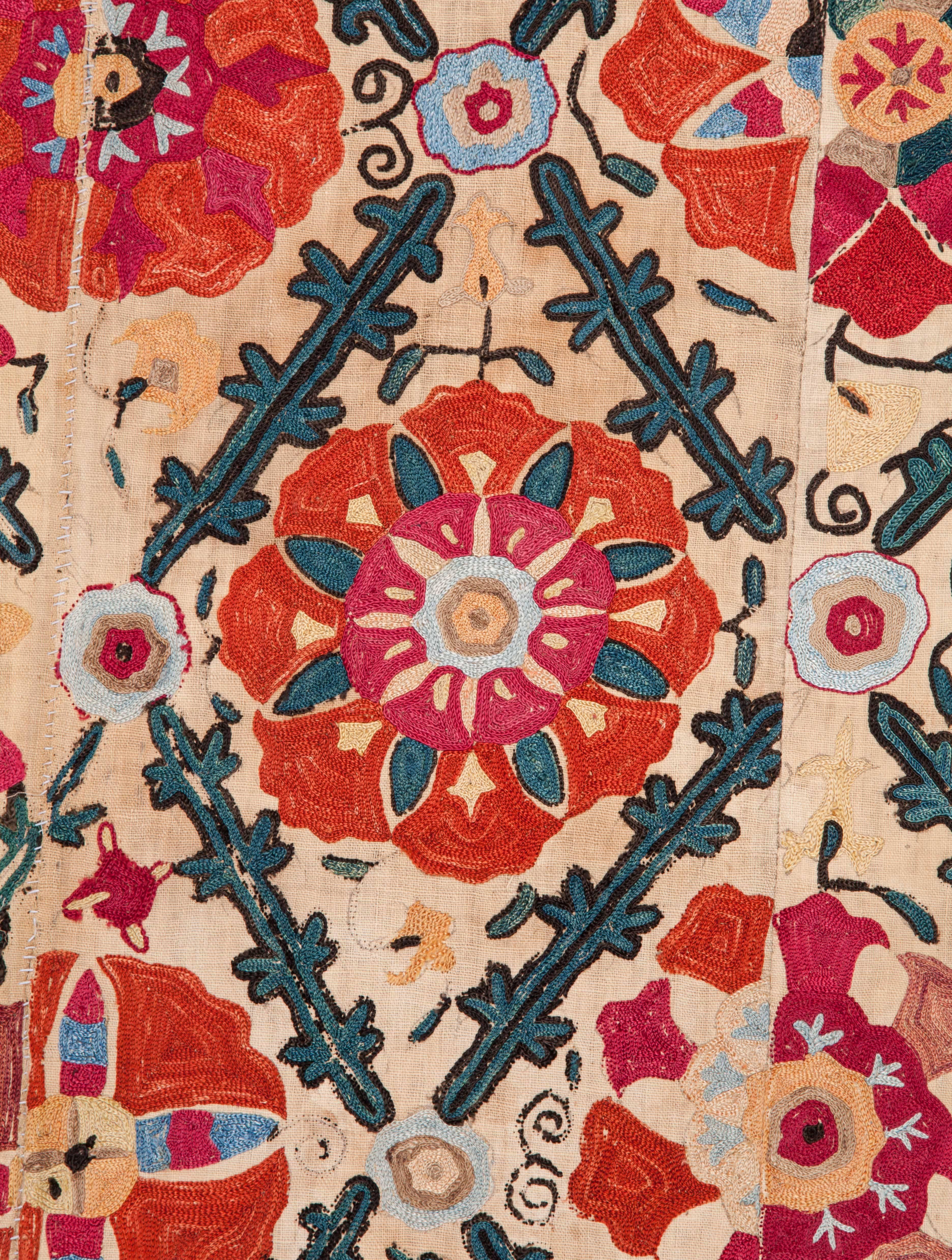 Embroidered 19th Century Uzbek Suzani from Bukhara Silk on Cotton