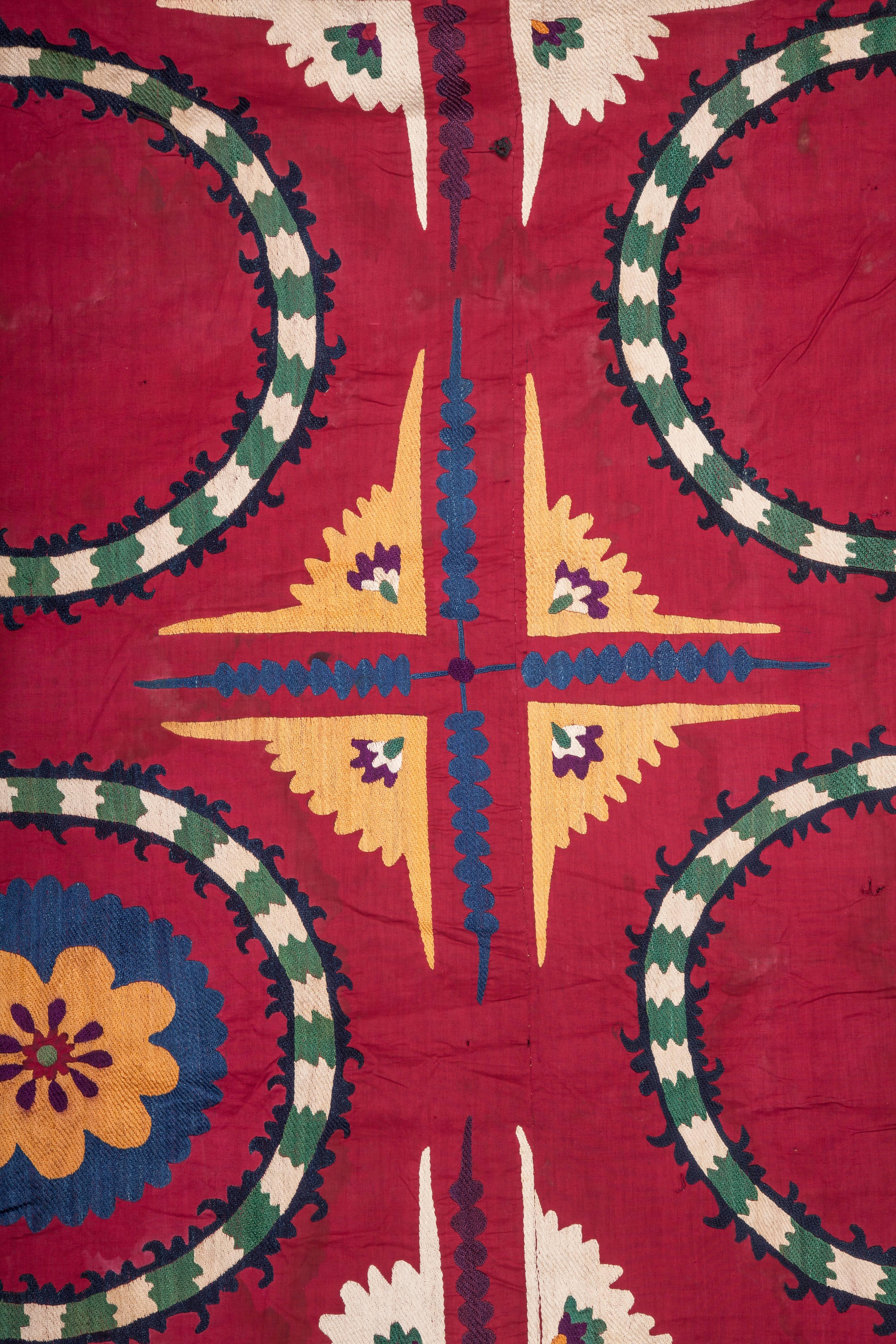 Embroidered Early 20th Century, Uzbek Tashkent Suzani, Silk Embroidery on Cotton For Sale