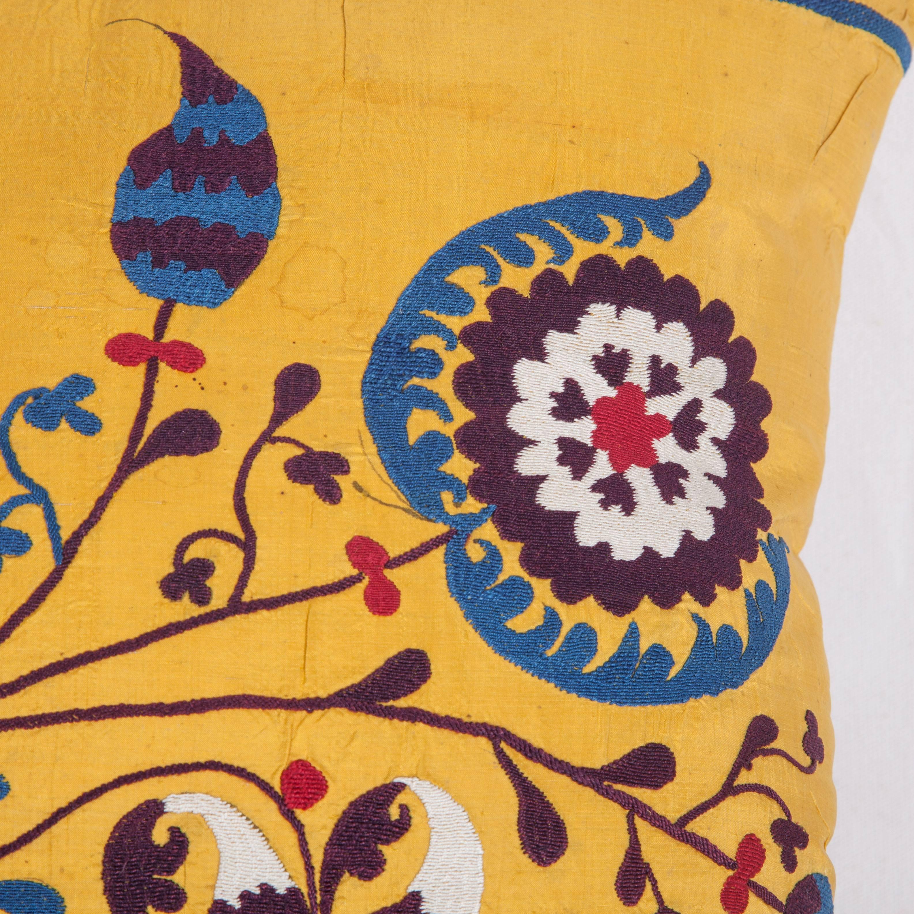Embroidered Antique Pillow Made Out of an Early 20th Century Uzbek Samarkand Silk Suzani