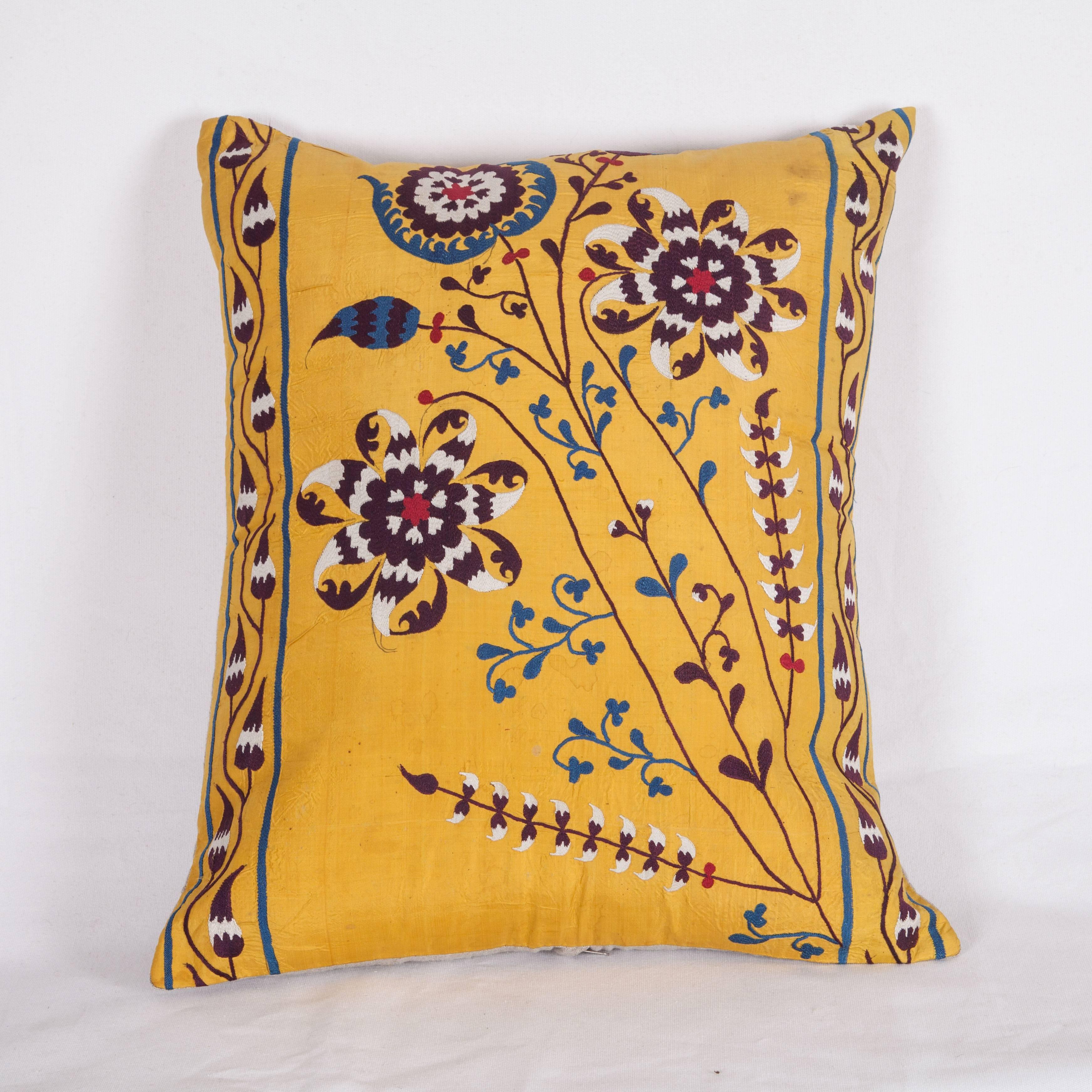 Linen Antique Pillow Made Out of an Early 20th Century Uzbek Samarkand Silk Suzani