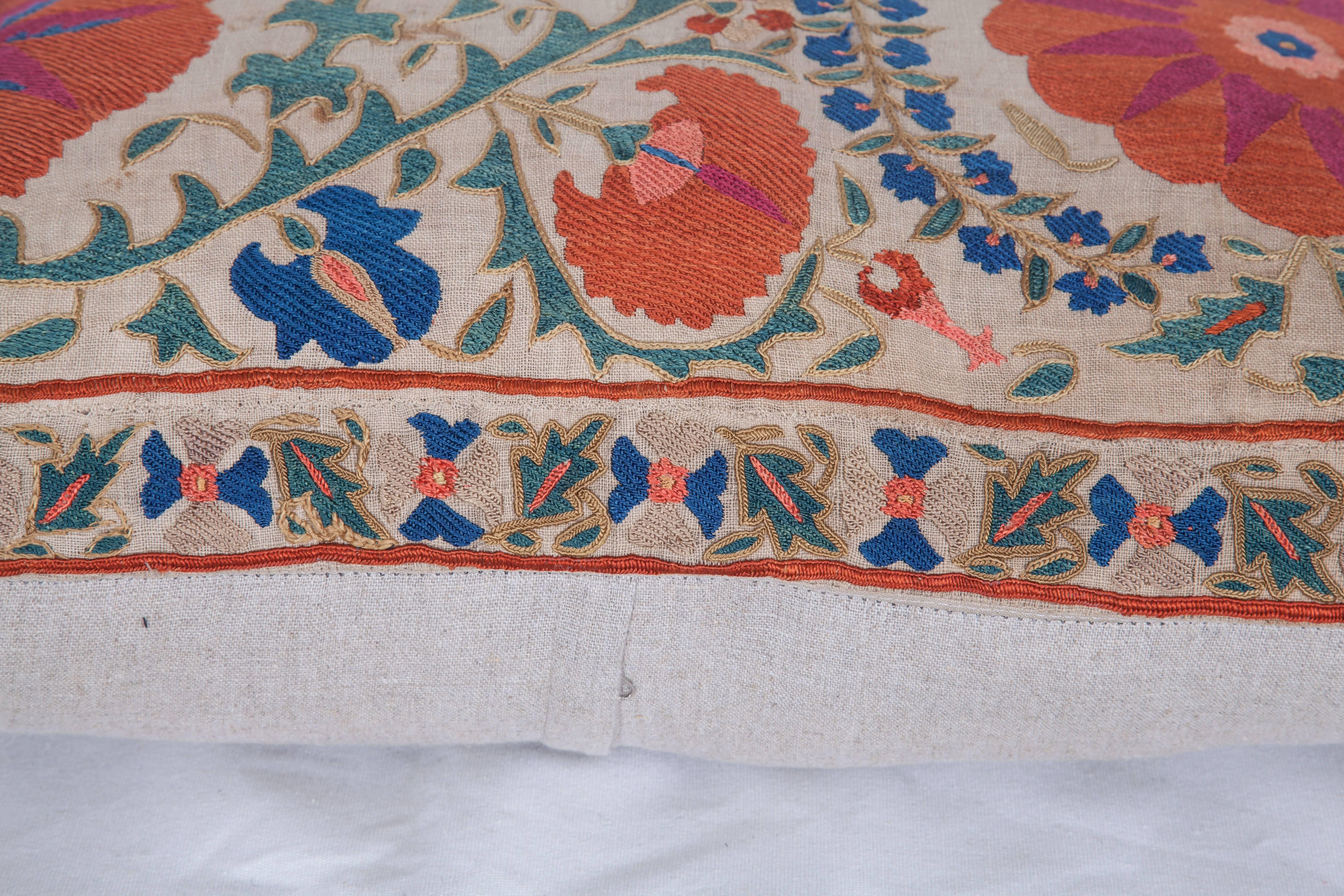 Cotton Antique Pillow Made Out of a Mid-19th Century, Uzbek Bukhara Suzani