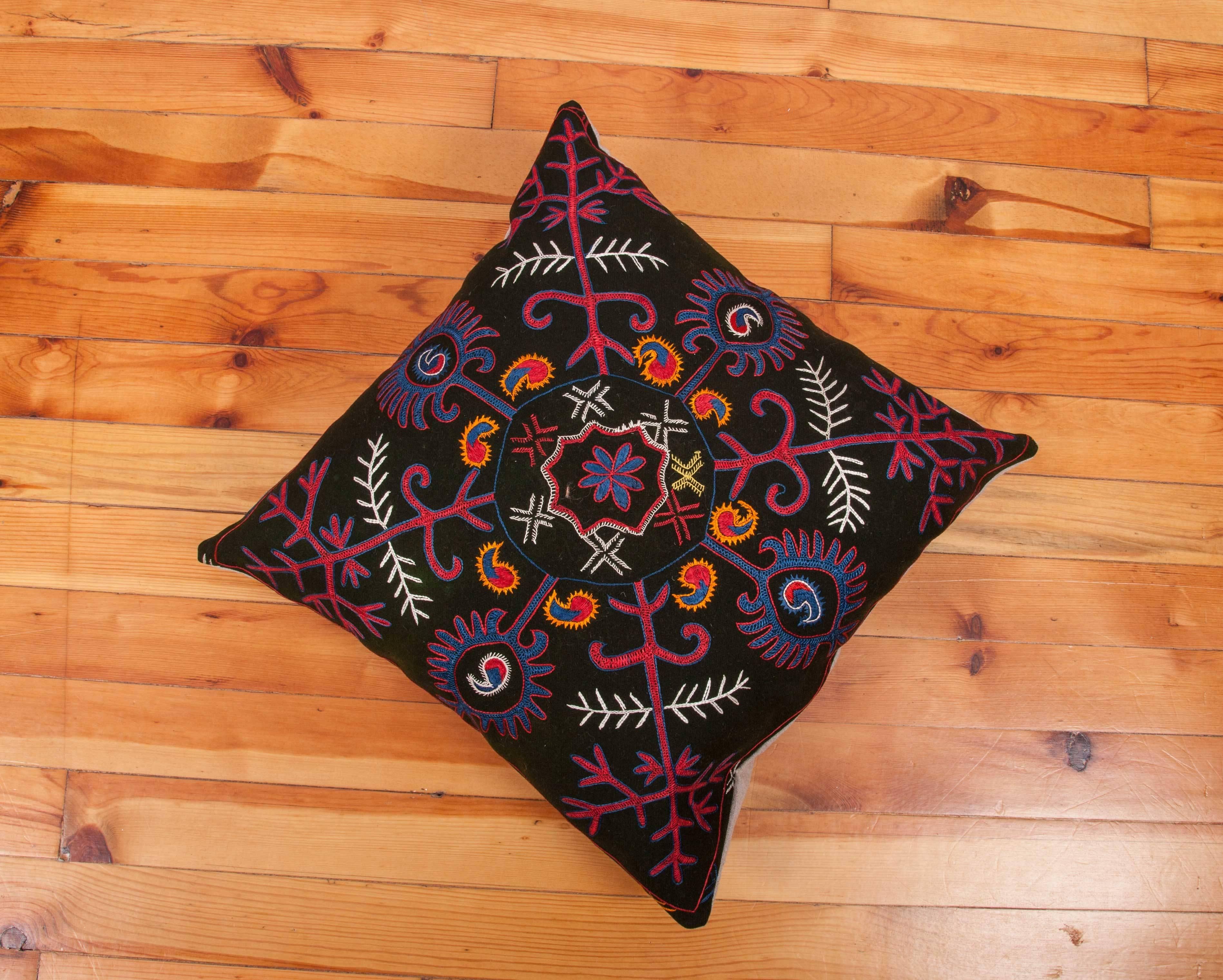 Hand-Woven Pillow Made Out of an Early 20th Century Kyrgyz Embroidery