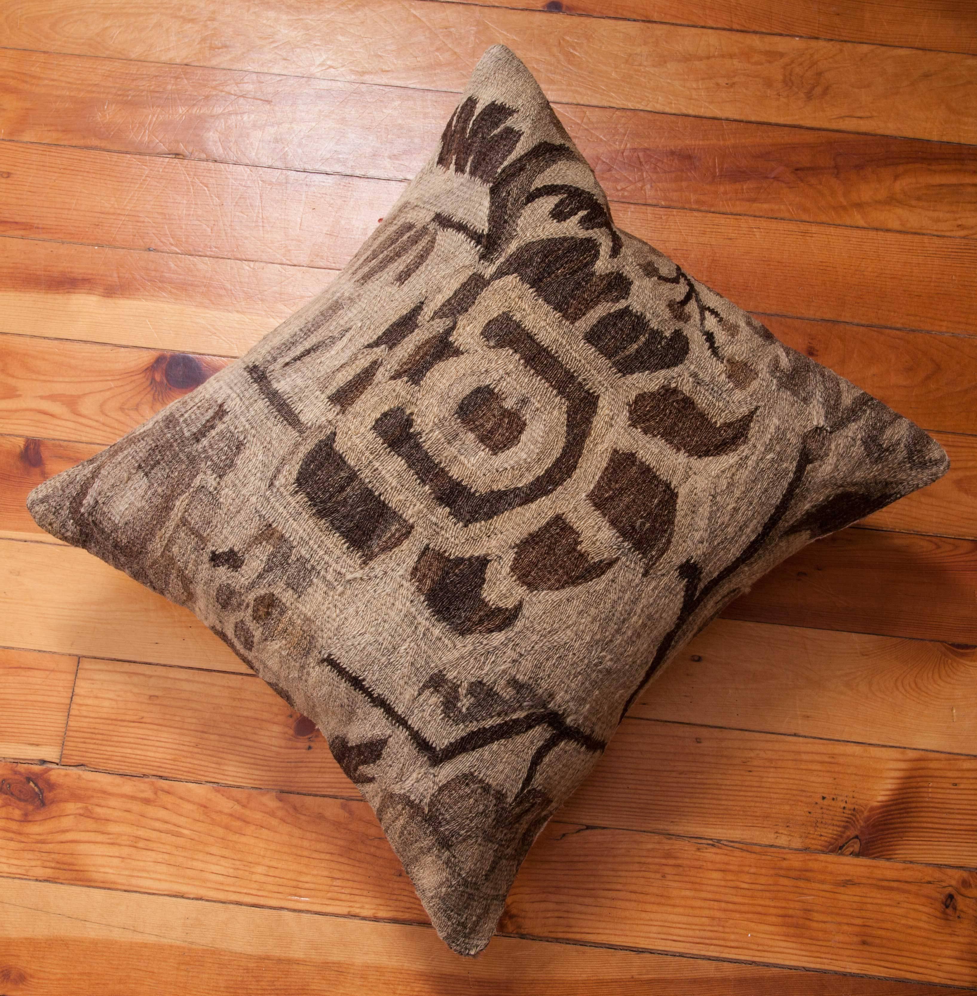 Wool Antique Pillow Made Out of Early 20th Century Bassarabian Kilim