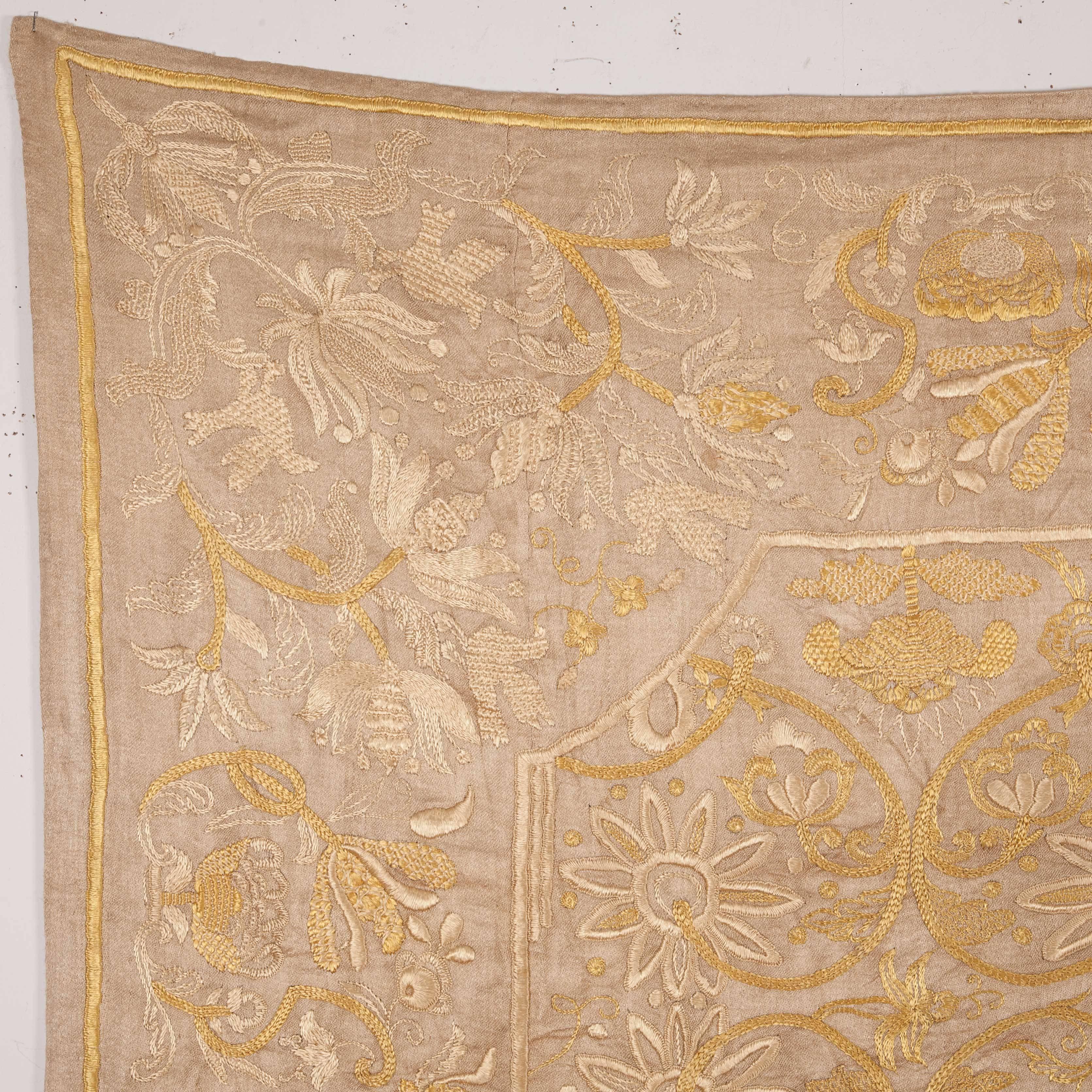 Suzani 19th Century Indo Portuguese Silk Embroidery on Silk Background