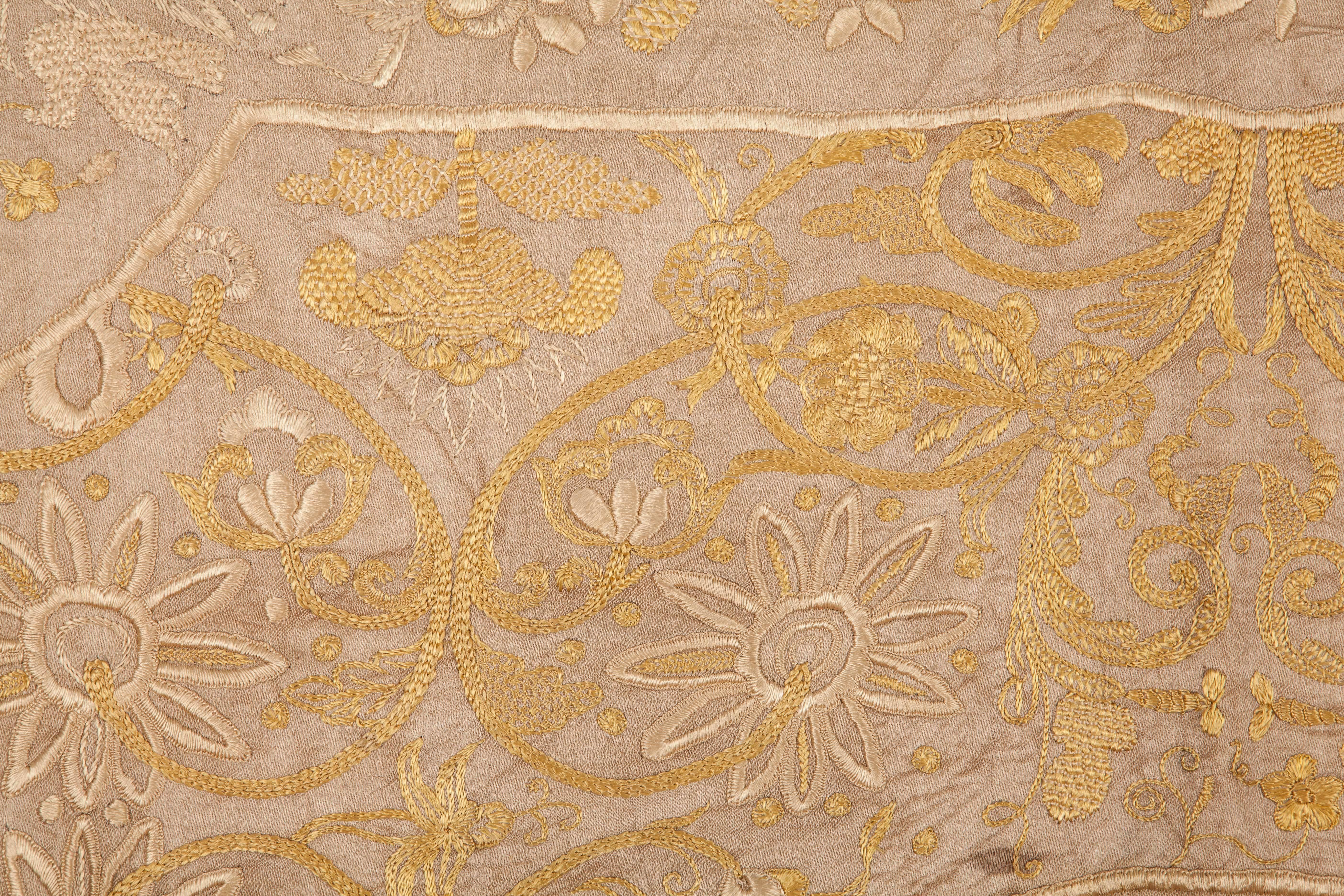 Indian 19th Century Indo Portuguese Silk Embroidery on Silk Background