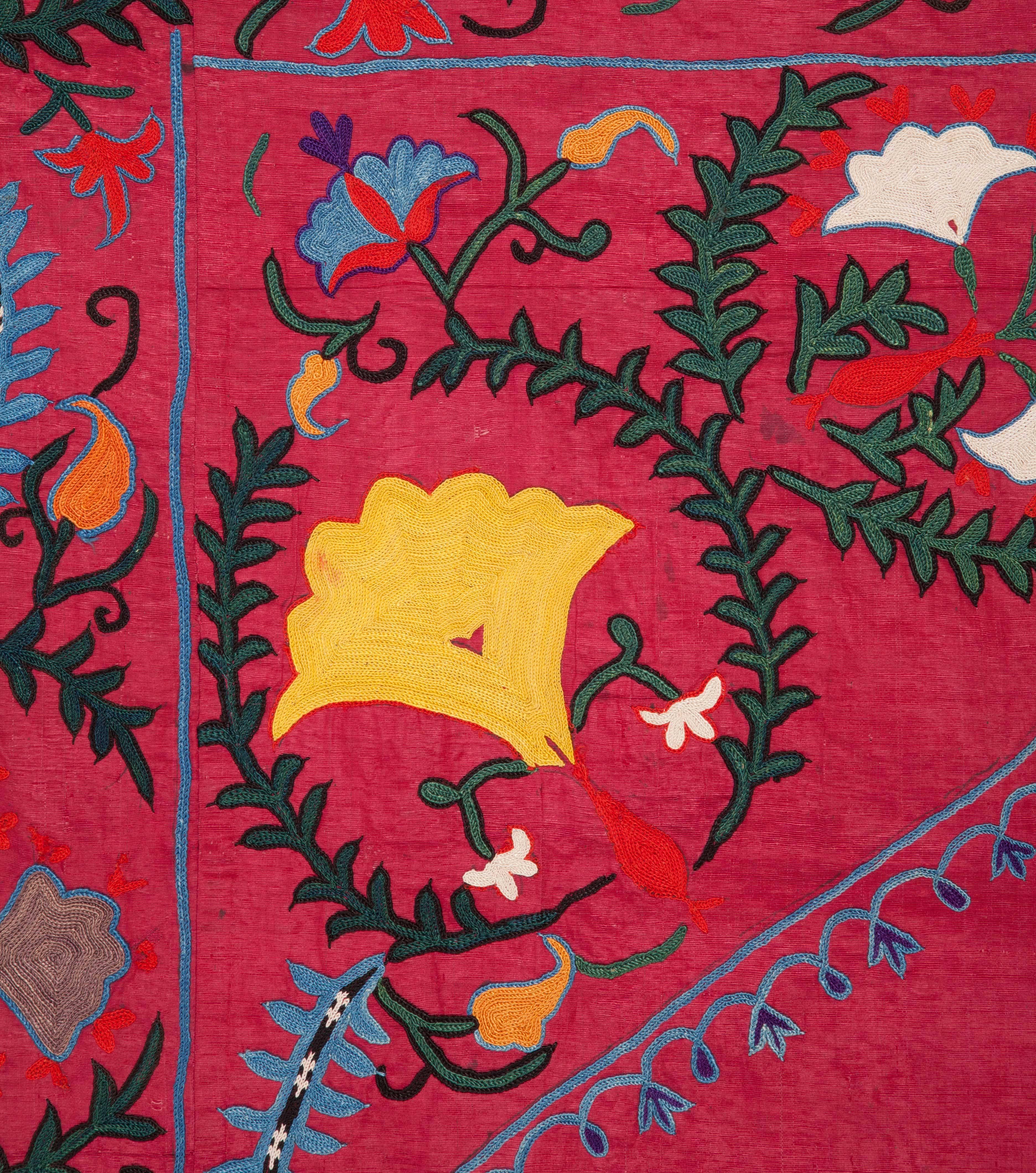 Silk 19th Century Antique Uzbek Shakrisabz Suzani with a Russian Cotton Print Lining For Sale