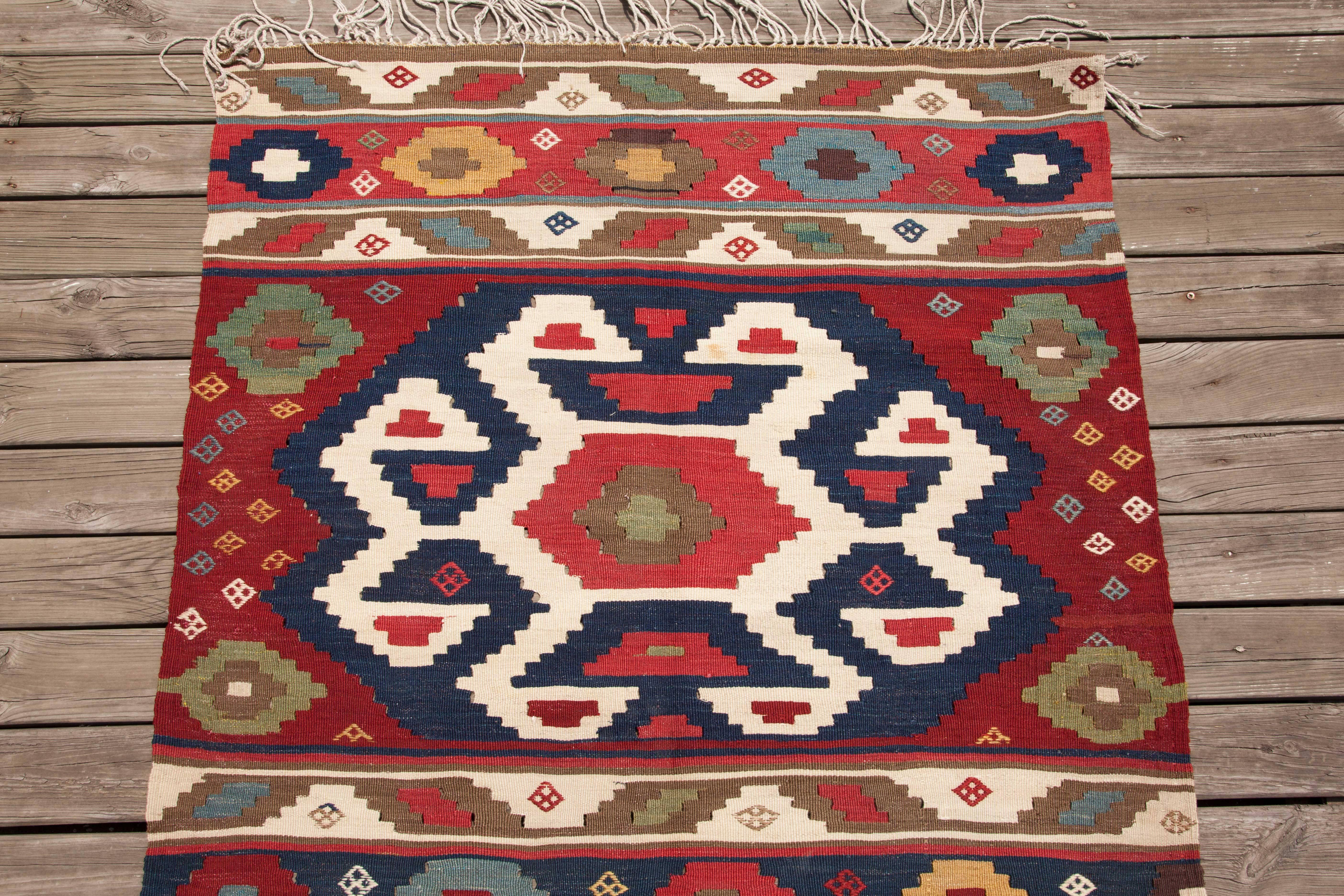 19th Century Antique South Caucasian Kilim with a Very Fine Texture In Good Condition In Istanbul, TR