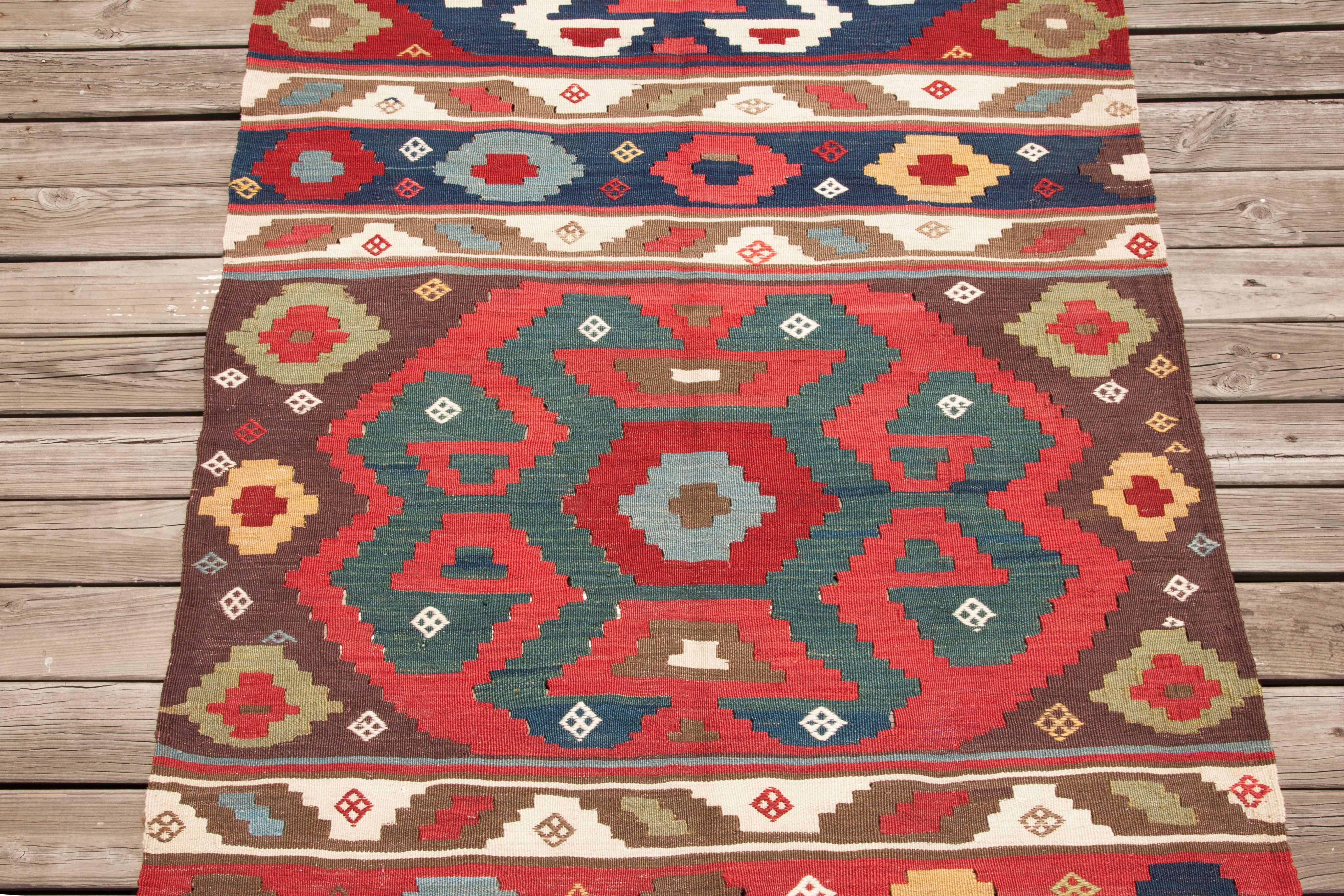 Wool 19th Century Antique South Caucasian Kilim with a Very Fine Texture