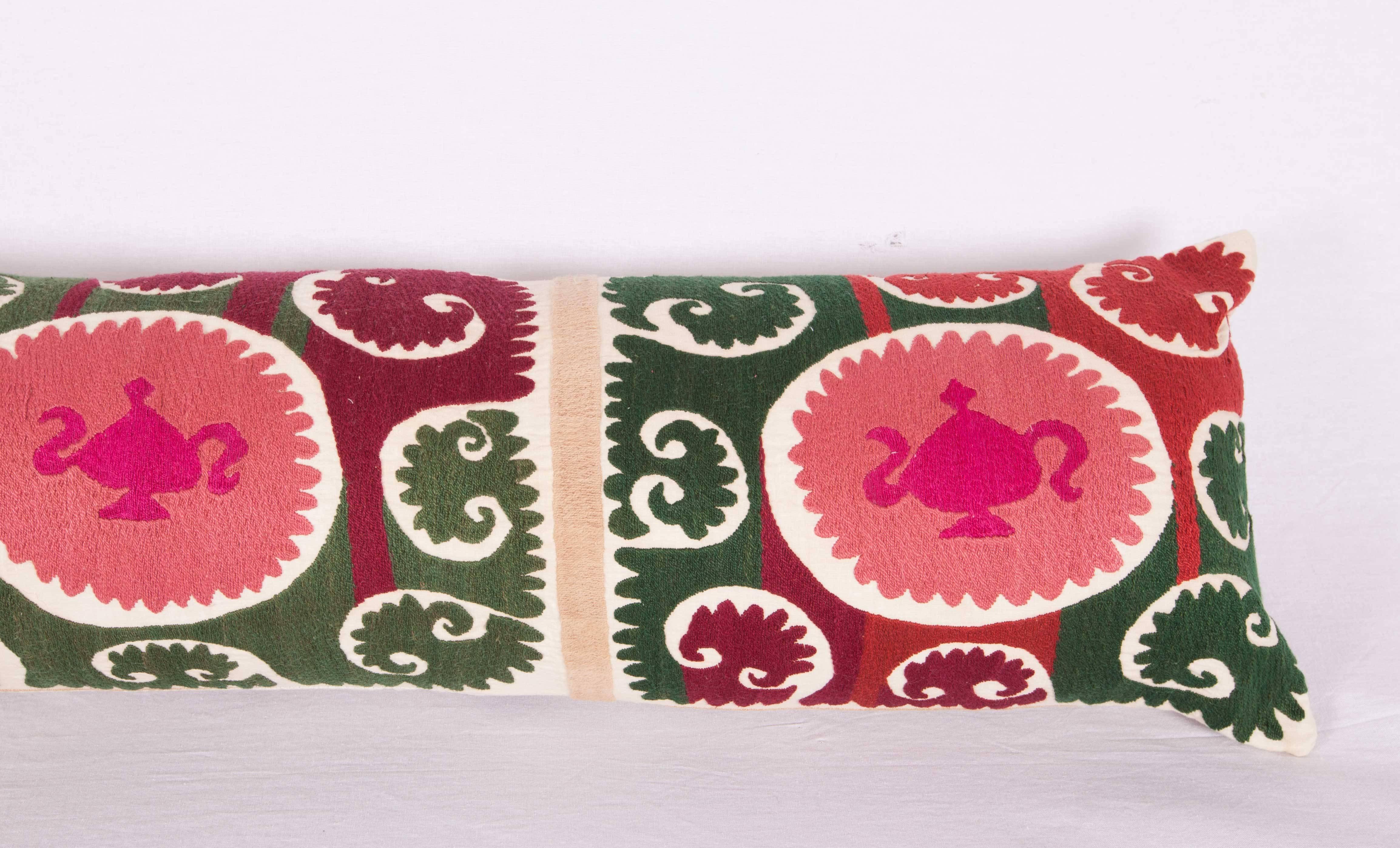 Embroidered Long Pillow Case Made Out of a Mid-20th Century Uzbek Samarkand Suzani For Sale