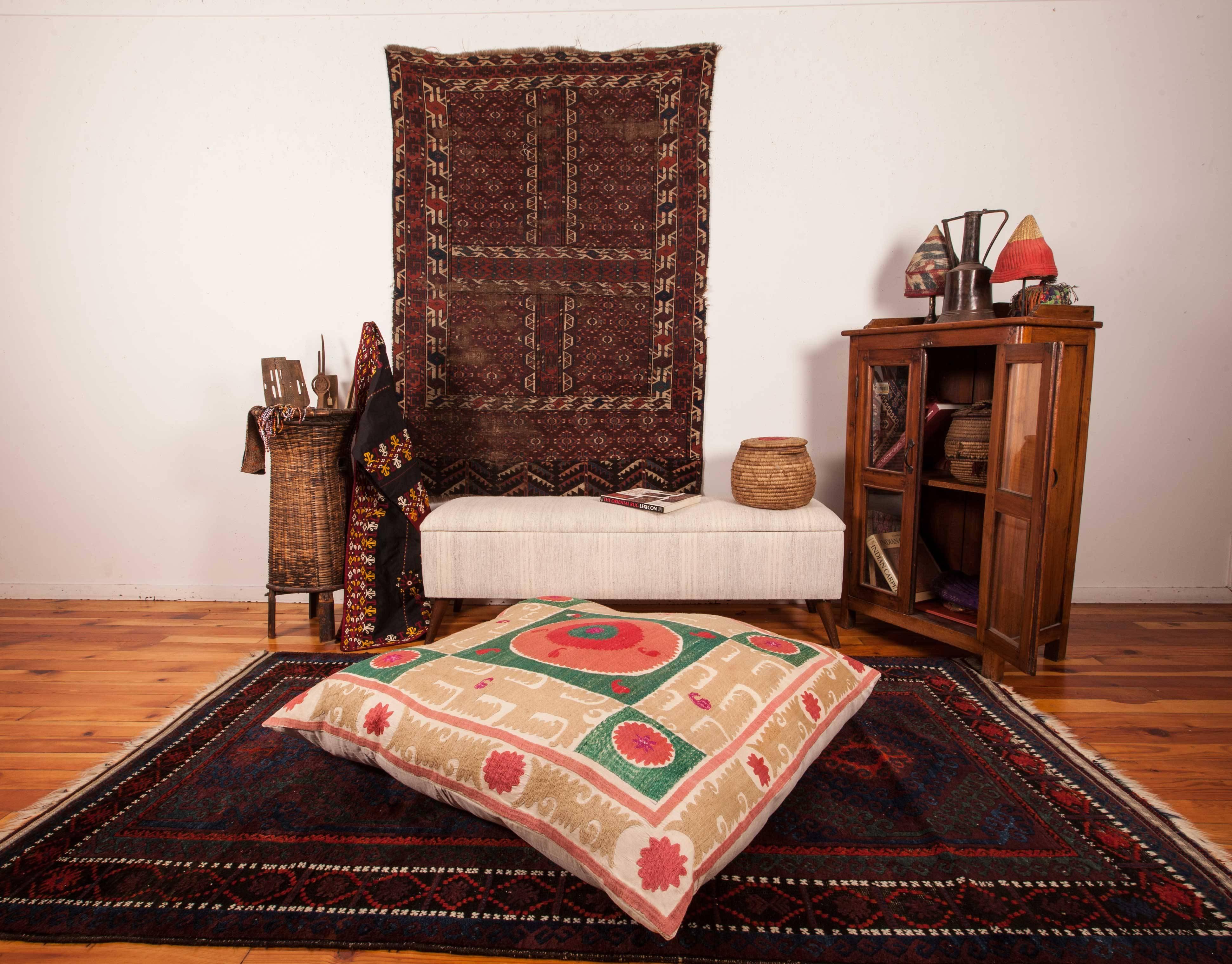 Embroidered Giant Floor Pillow Made from a Mid-20th Century Samarkand Suzani