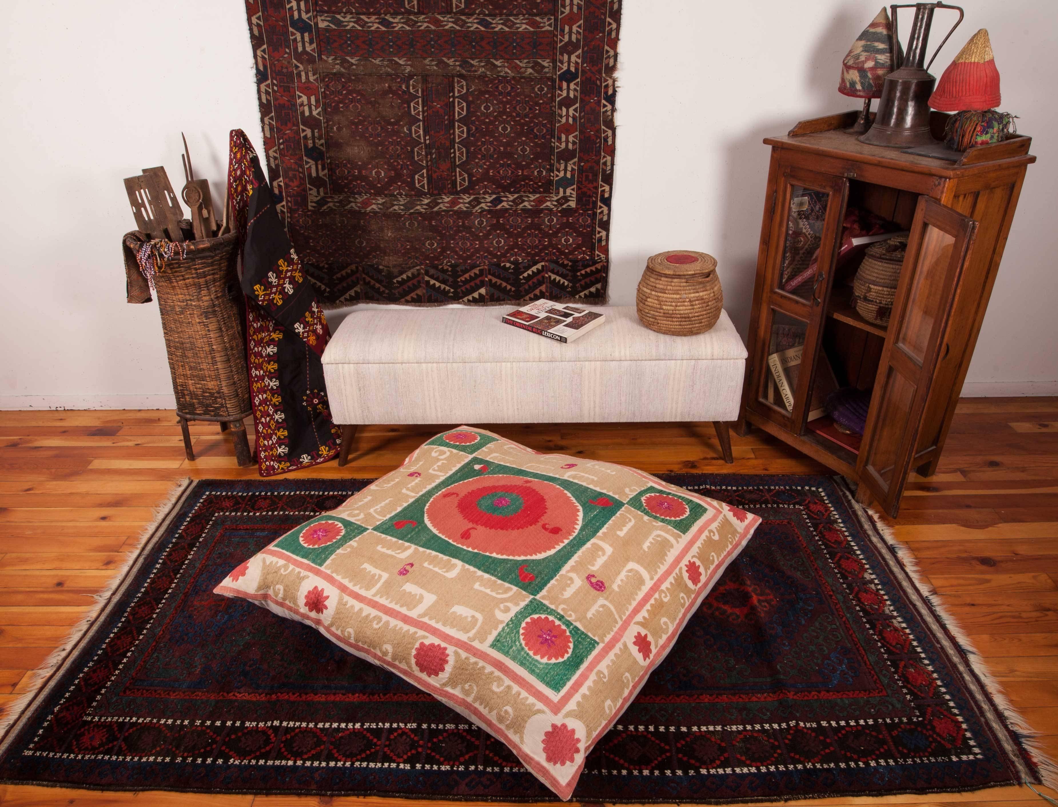 Giant Floor Pillow Made from a Mid-20th Century Samarkand Suzani In Good Condition In Istanbul, TR