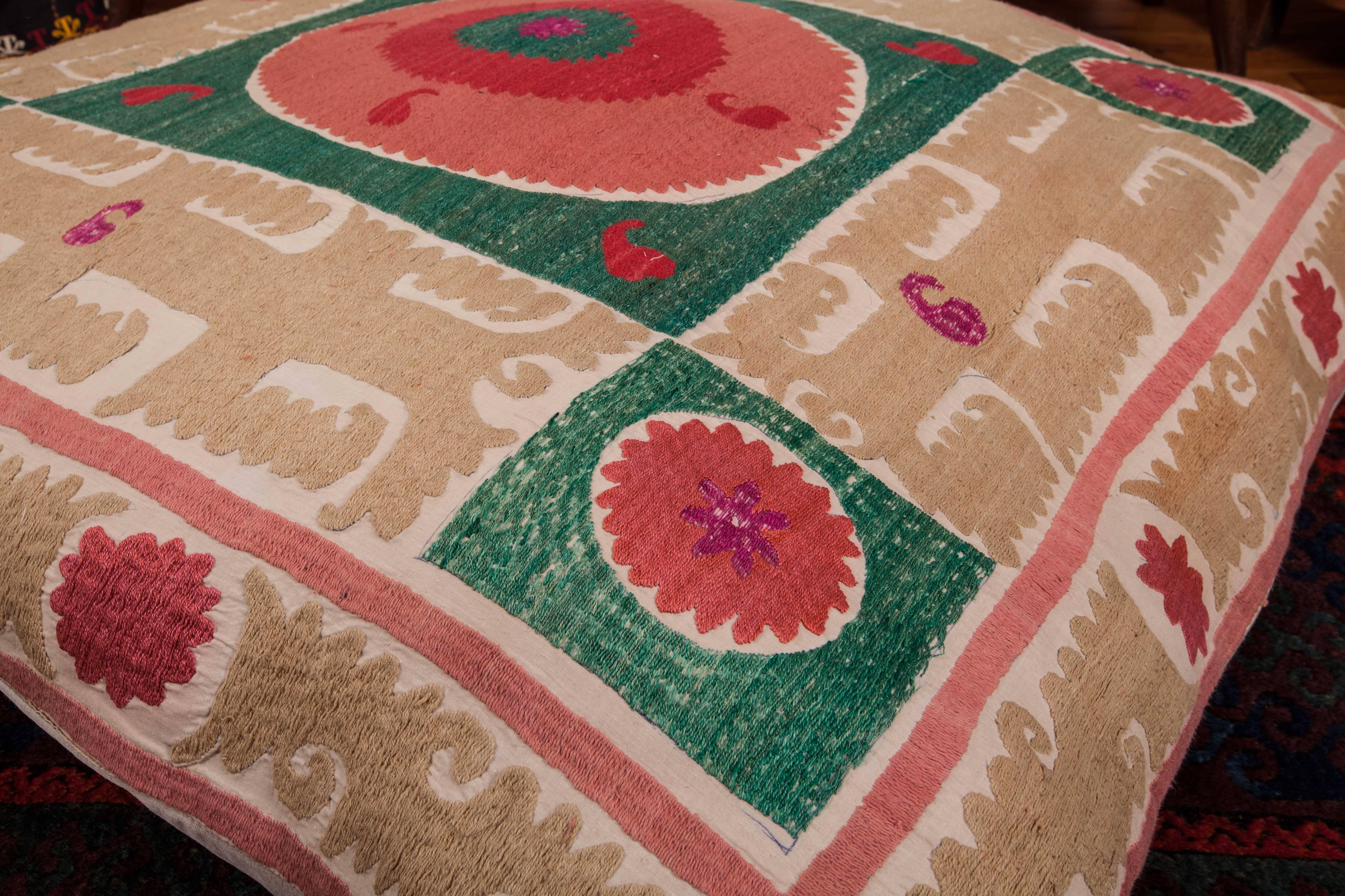 Cotton Giant Floor Pillow Made from a Mid-20th Century Samarkand Suzani