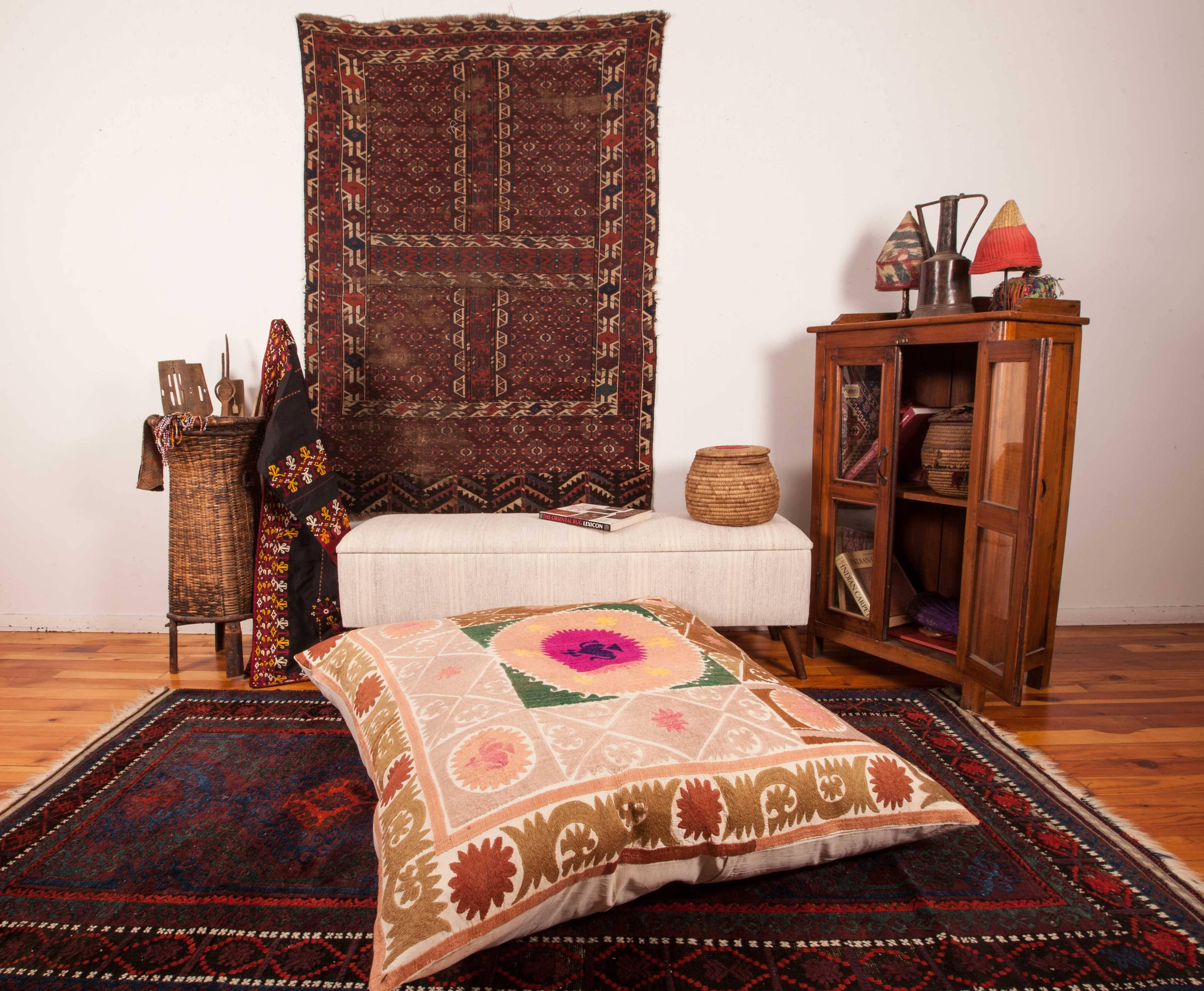 Giant Floor Pillow Made from a Traditional Mid-20th Century Samarkand Suzani 2