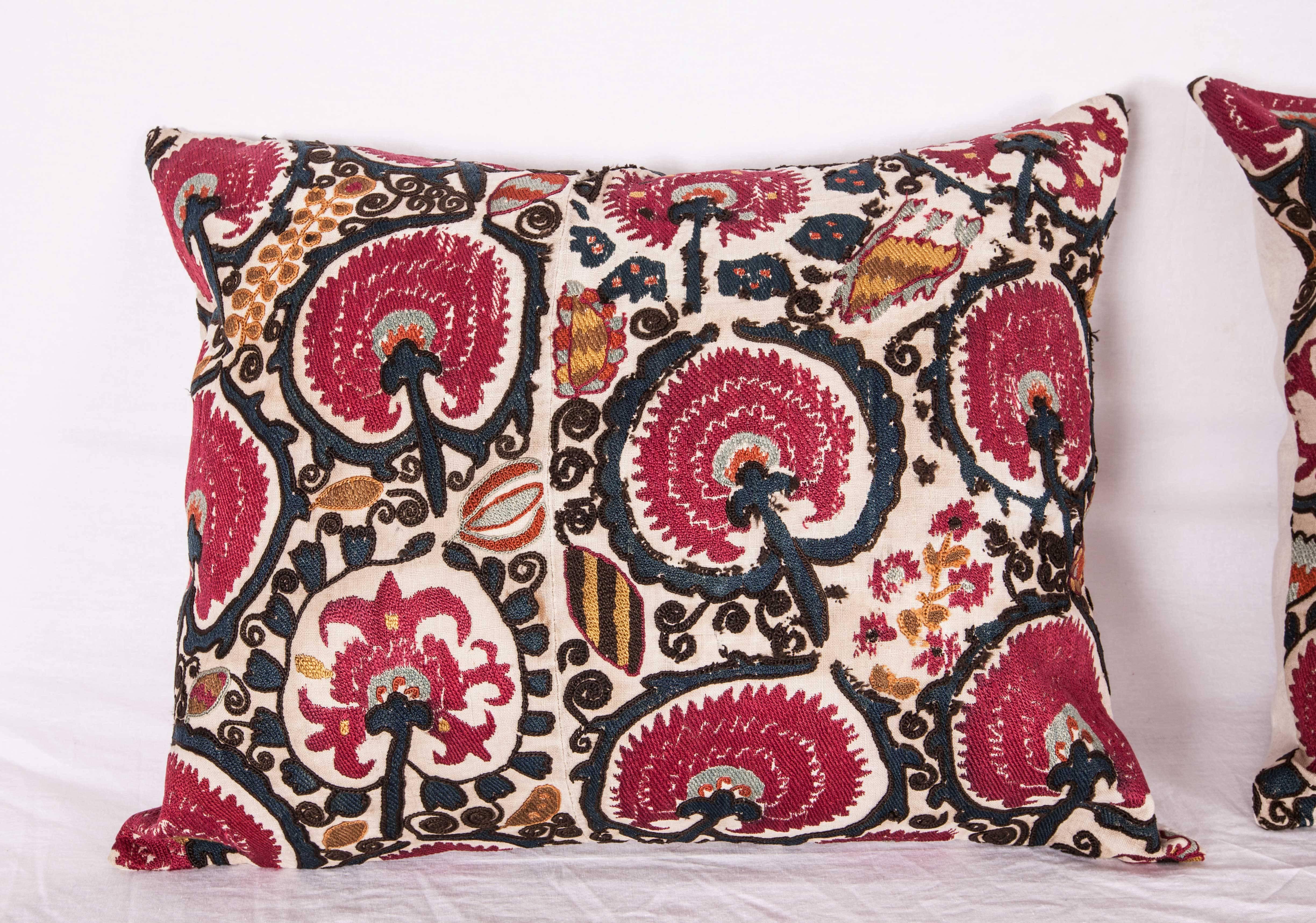The pillow cases made from an antique Tajil Suzani from Ura Tube. It is silk embroidery on a handwoven cotton field.
The backing is pure linen, and they do not come with inserts but bags made to the size in cotton to accommodate insert