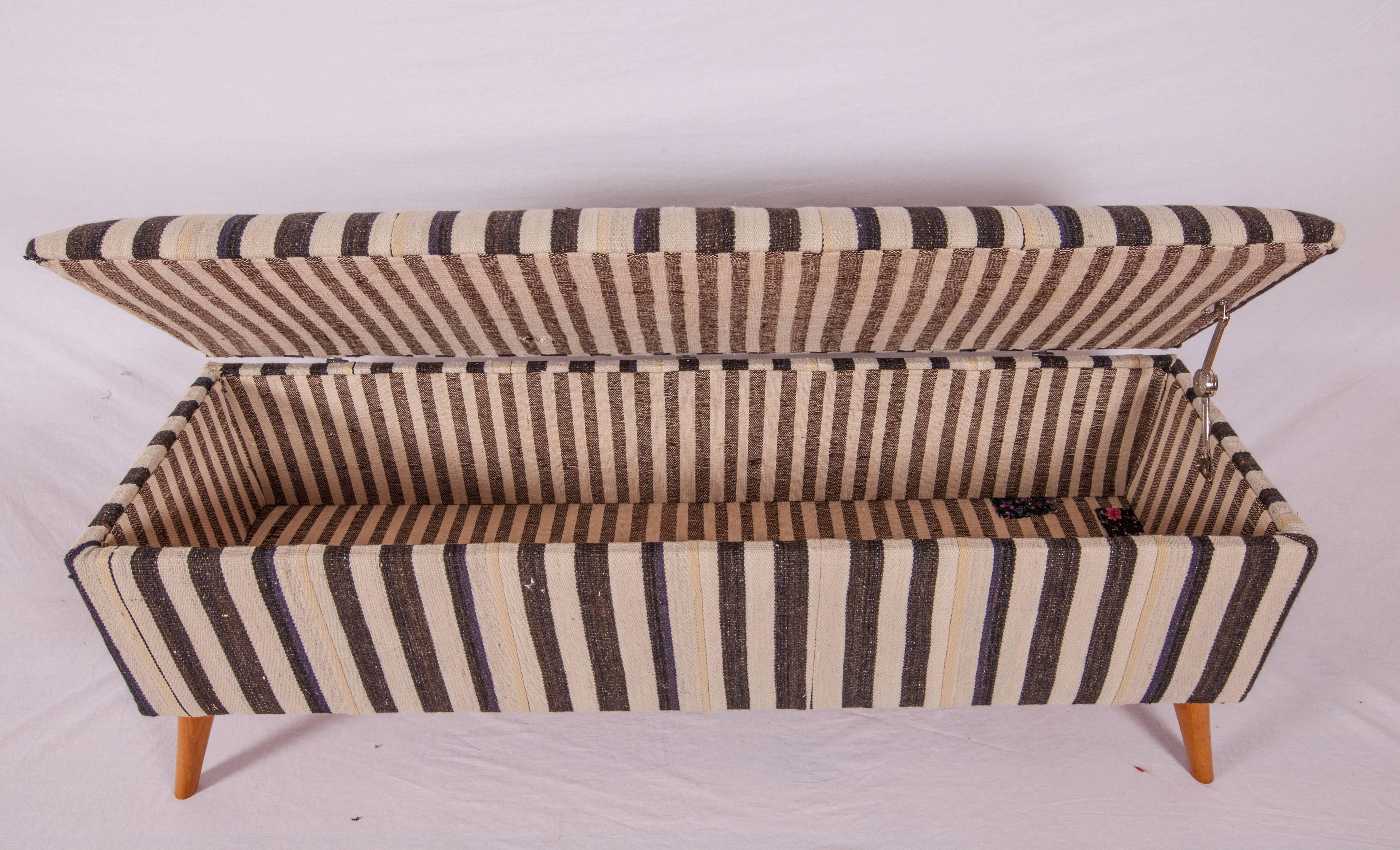 Hand-Woven Bench, Upholstered with a Vintage Anatolian Kilim