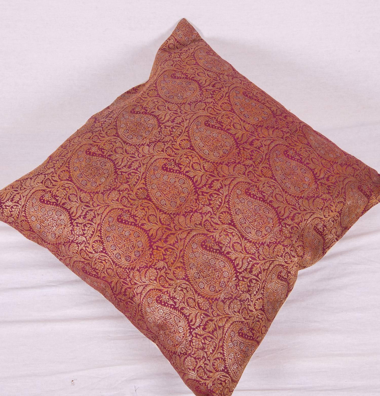 Metallic Thread Antique Pillow Case Fashioned from Early 20th Century Indian Zari Brocade For Sale