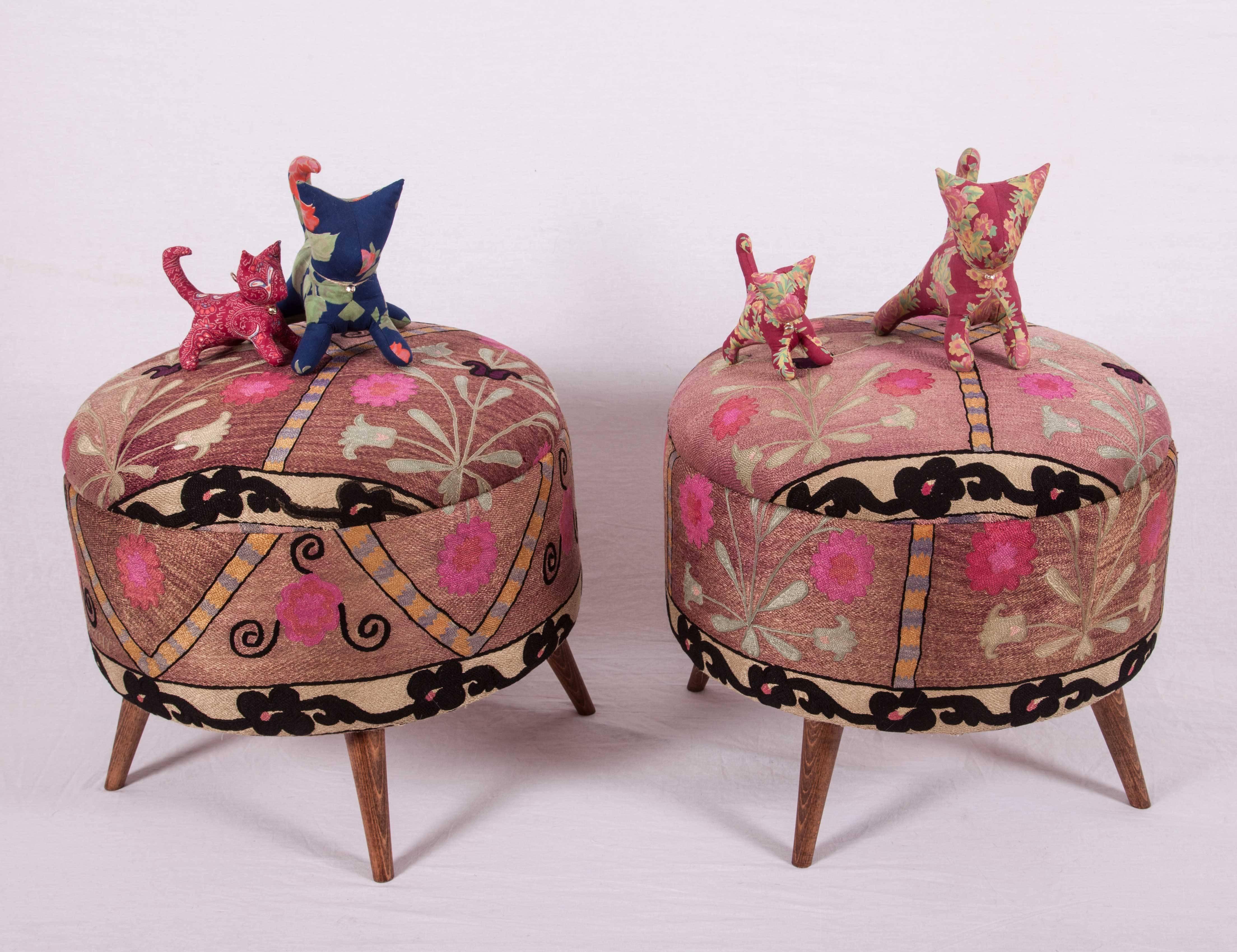 Ottoman or Poufs Fashioned from a Mid-20th Century Tashkent Silk Suzani 5