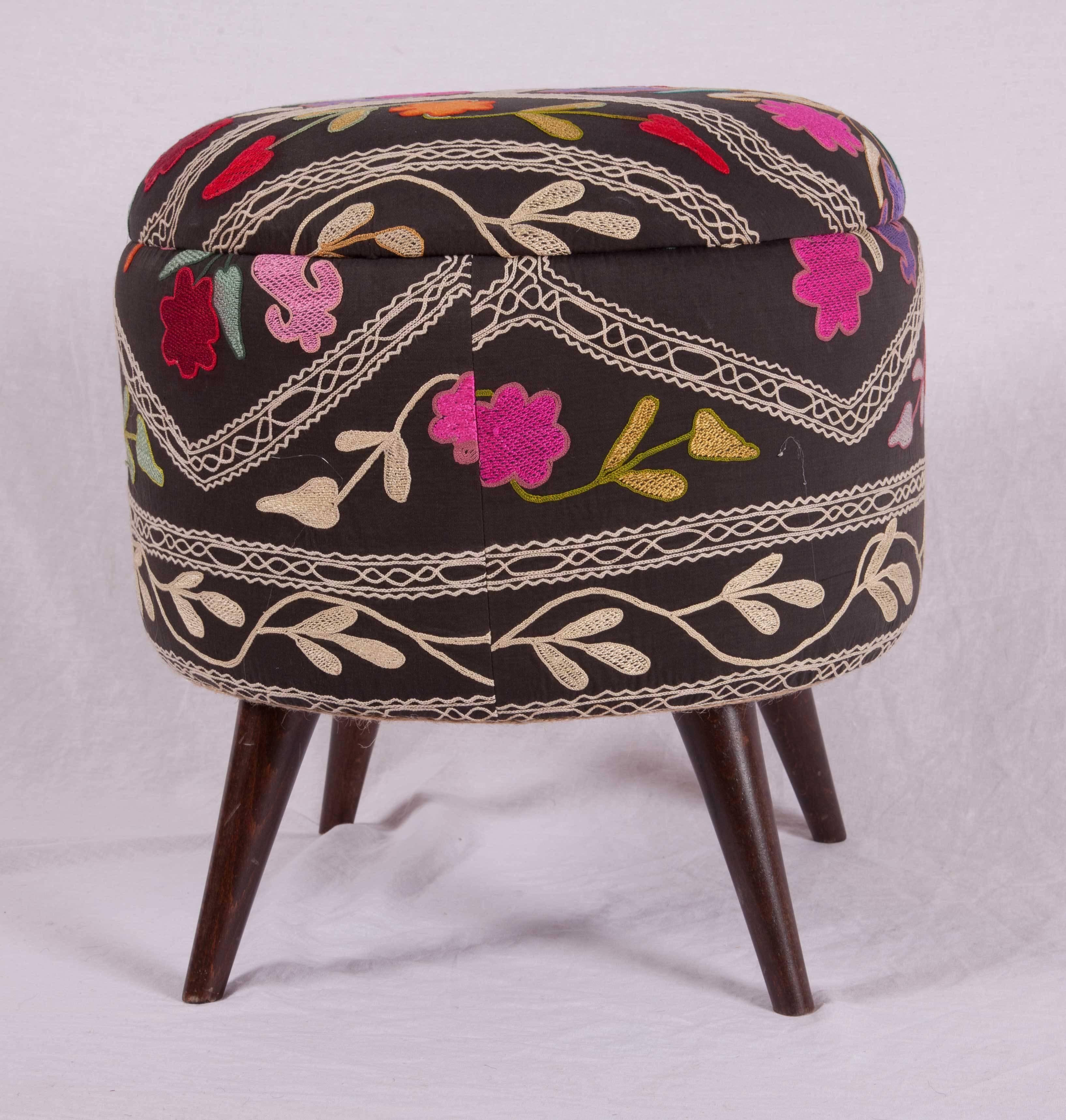 Contemporary Ottoman or Poufs Fashioned from a Mid-20th Century Samarkand Silk Suzani