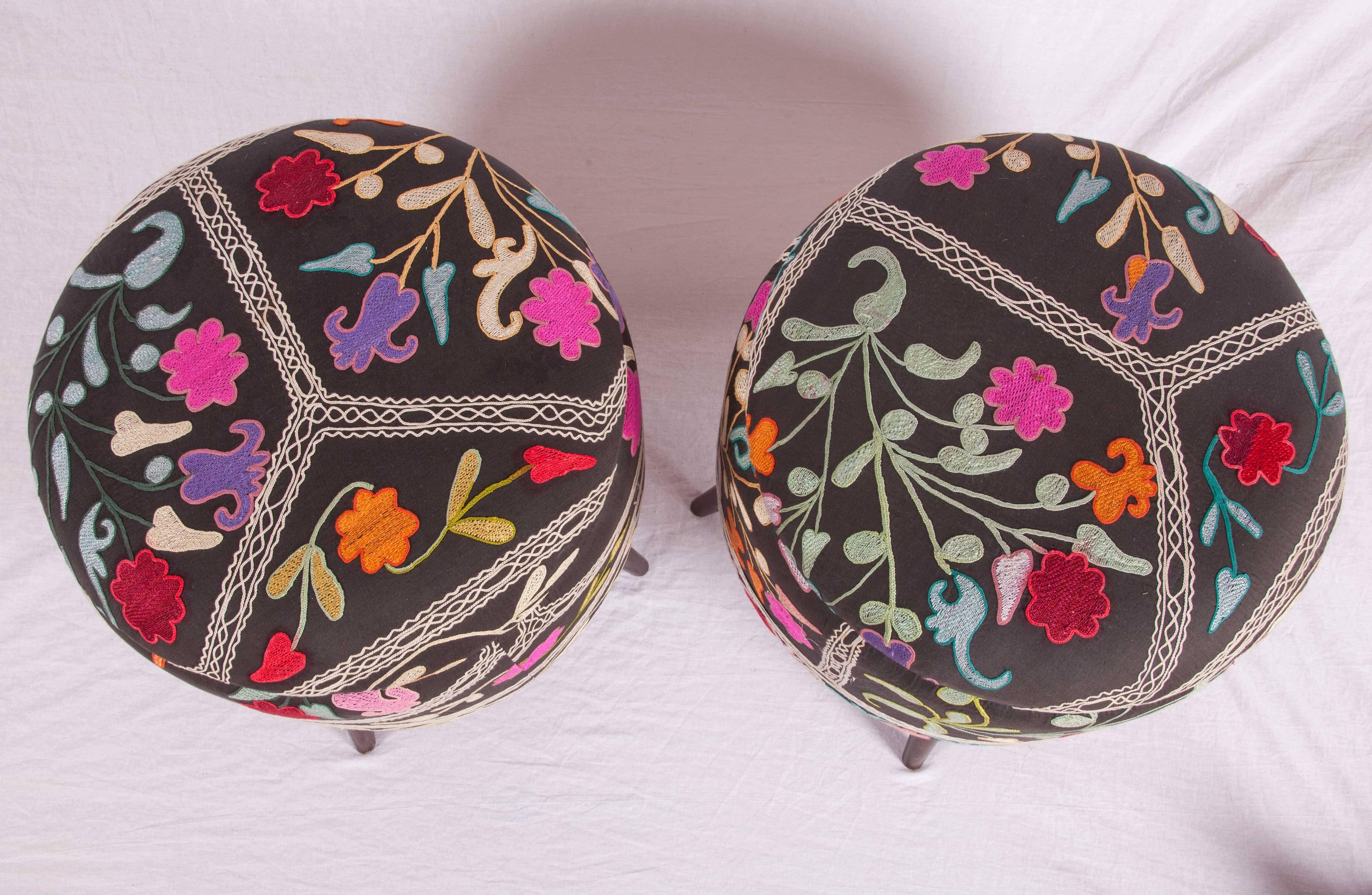 Ottoman or Poufs Fashioned from a Mid-20th Century Samarkand Silk Suzani 3